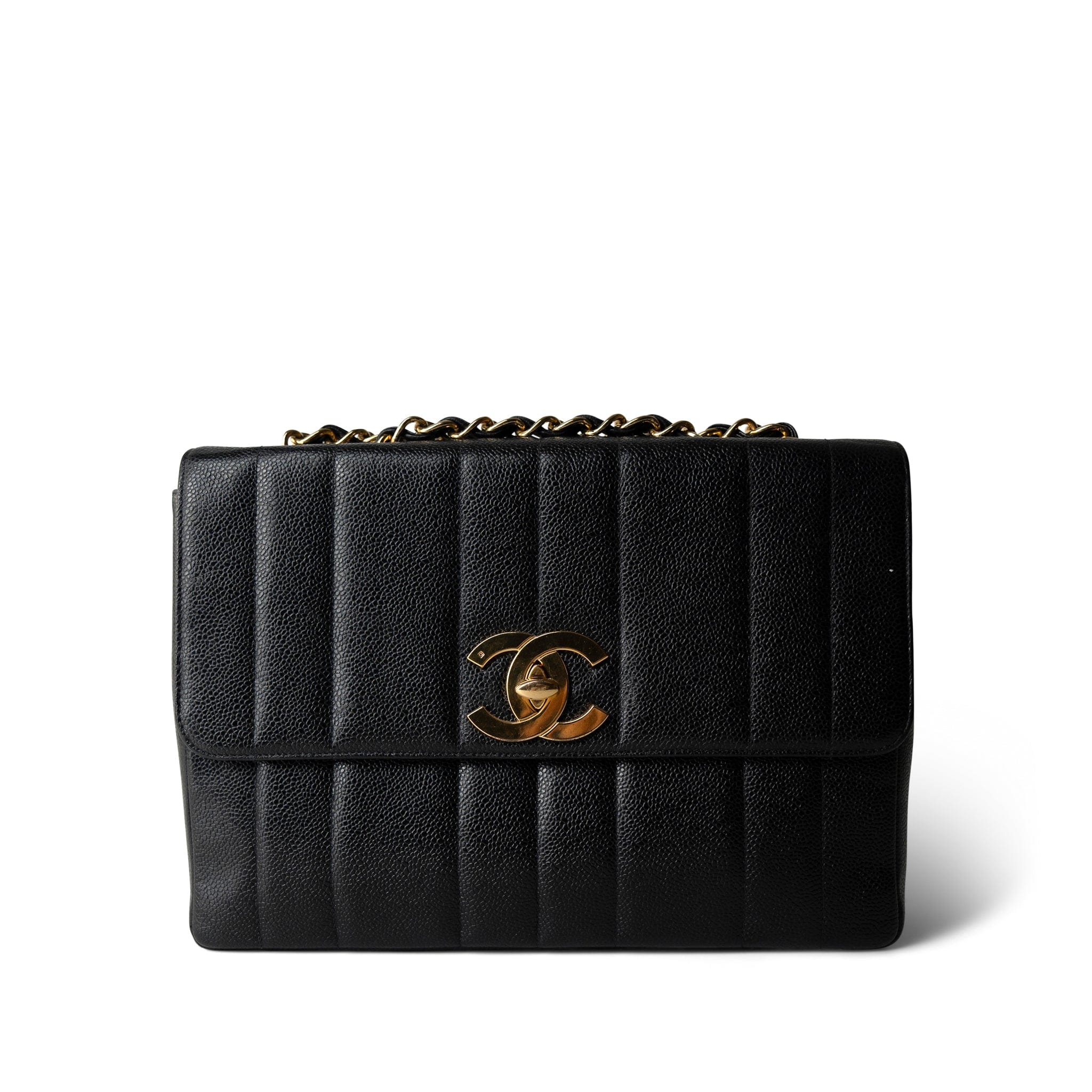 CHANEL Handbag Black Vintage Mademoiselle Black Caviar Vertical Flap Jumbo Gold Hardware - Redeluxe