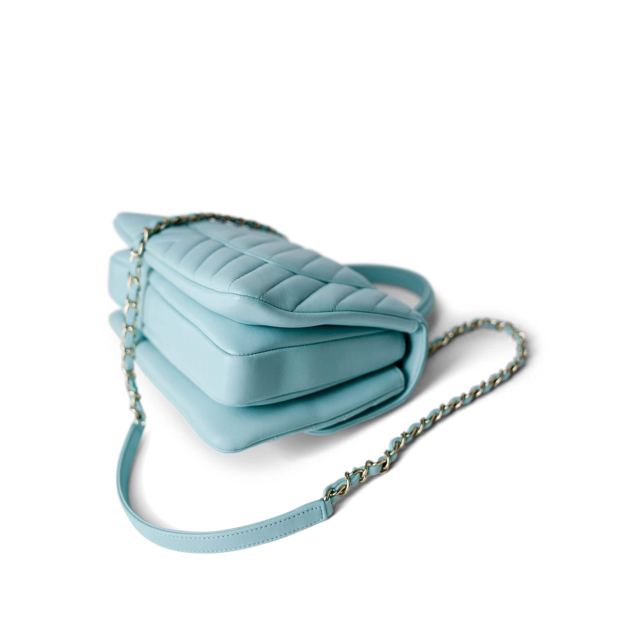 CHANEL Handbag Blue 19C Tiffany Blue Chevron Lambskin Trendy CC Flap Small Light Gold Hardware - Redeluxe