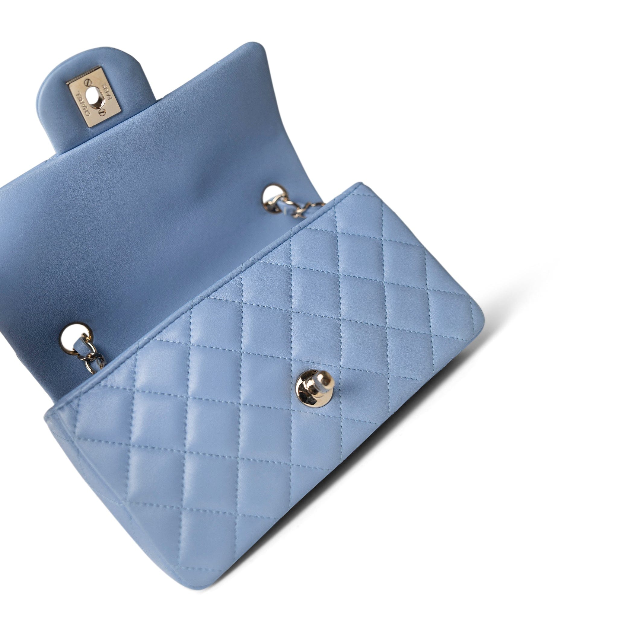 CHANEL Handbag Blue 21C Sky Blue Lambskin Quilted Mini Rectangular Flap Light Gold Hardware - Redeluxe