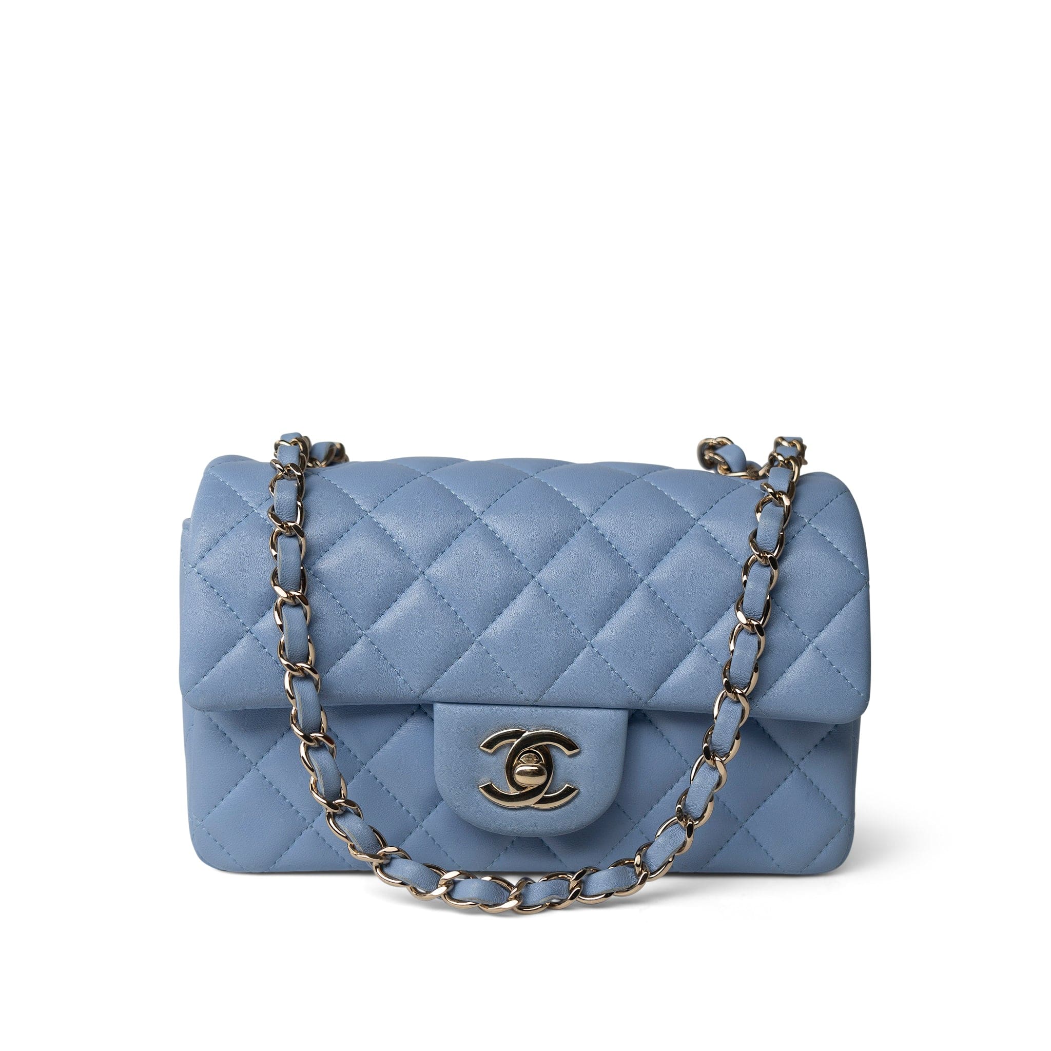 CHANEL Handbag Blue 21C Sky Blue Lambskin Quilted Mini Rectangular Flap Light Gold Hardware - Redeluxe