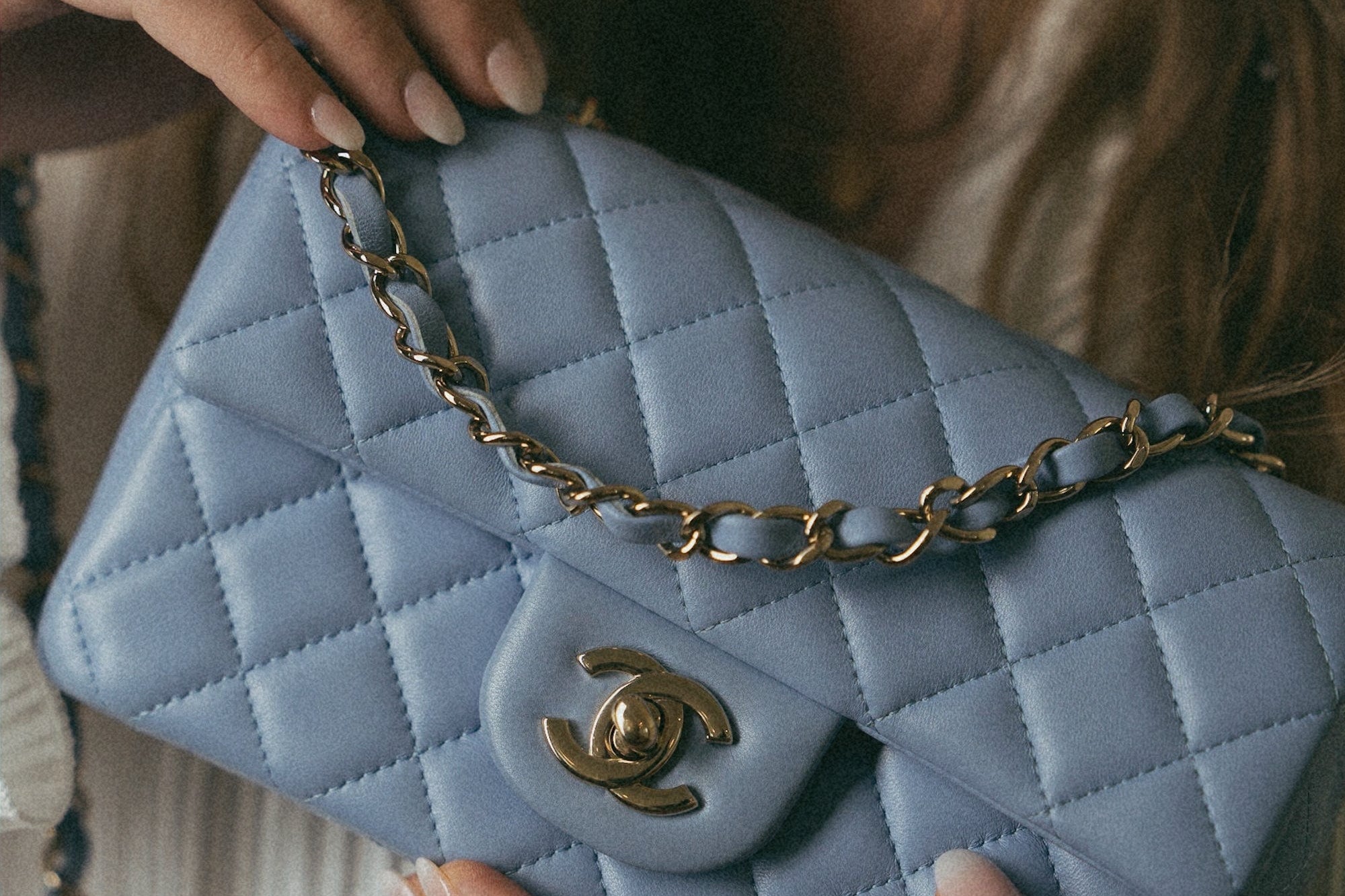 CHANEL Handbag Blue 21C Sky Blue Lambskin Quilted Mini Rectangular Flap Light Gold Hardware - Redeluxe