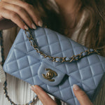 CHANEL Handbag Blue 21C Sky Blue Lambskin Quilted Mini Rectangular Flap Light Gold Hardware - Redeluxe