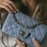 CHANEL Handbag Blue 21C Sky Blue Lambskin Quilted Mini Rectangular Flap Light Gold Hardware - Redeluxe