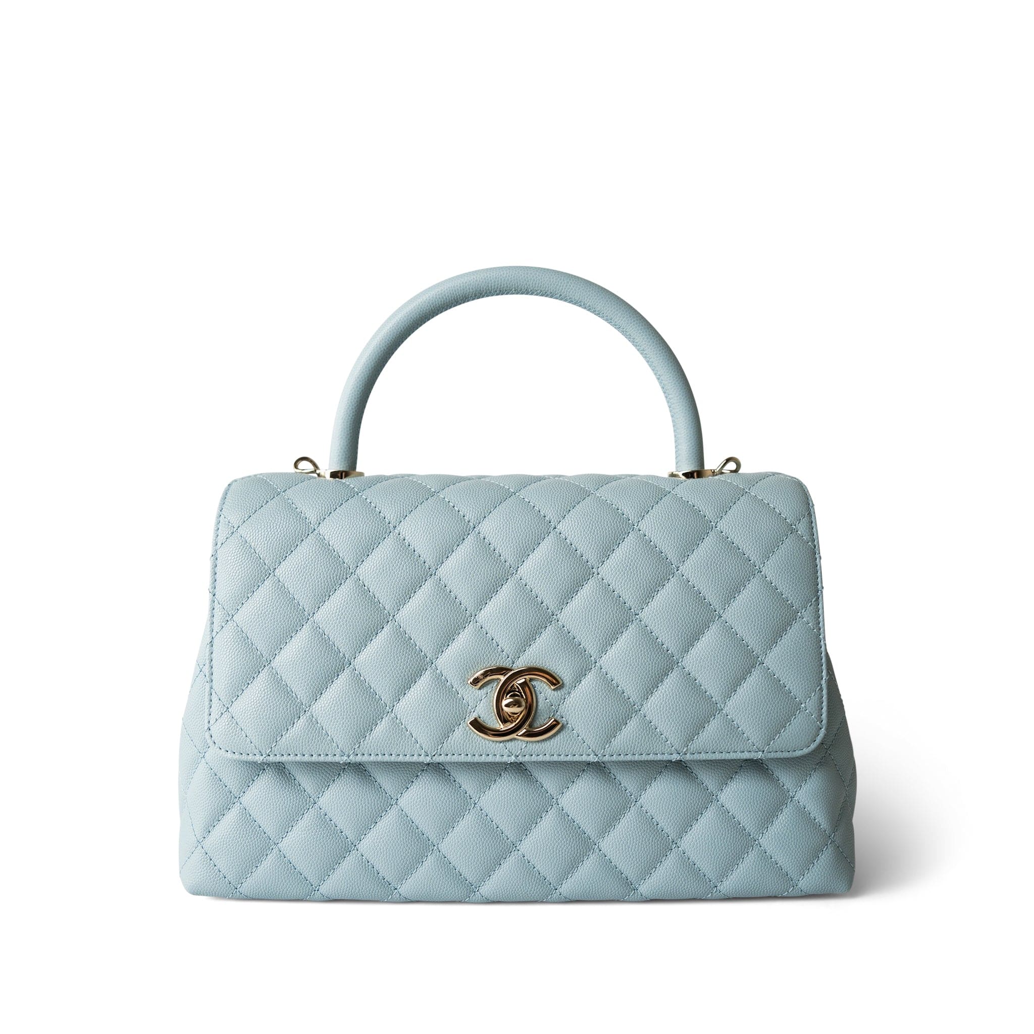 CHANEL Handbag BLUE 22P Light Blue Caviar Quilted Coco Handle Medium (Old Small) Light Gold Hardware - Redeluxe