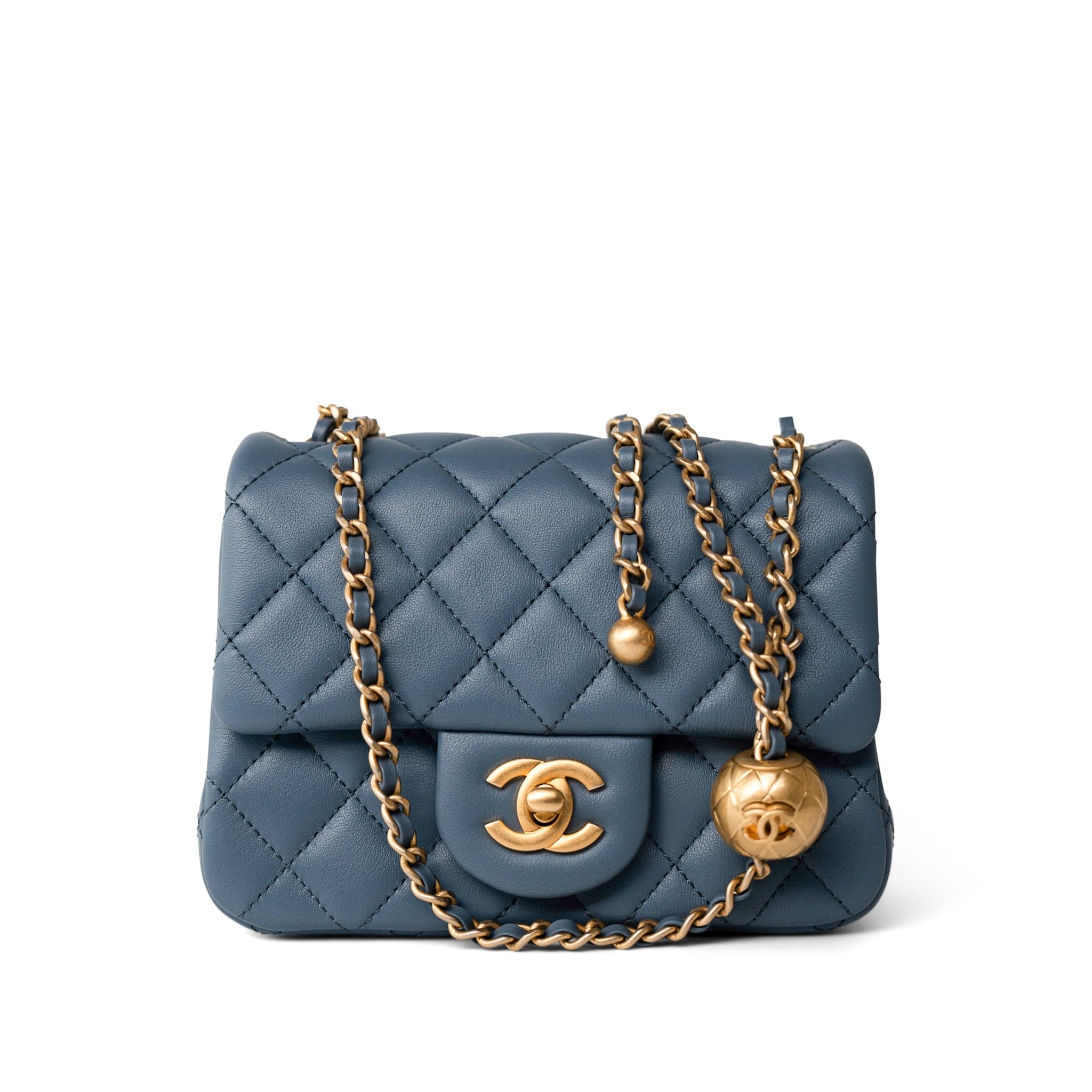 CHANEL Handbag Blue 23K Blue Lambskin Quilted Mini Square Pearl Crush Antique Gold Hardware - Redeluxe