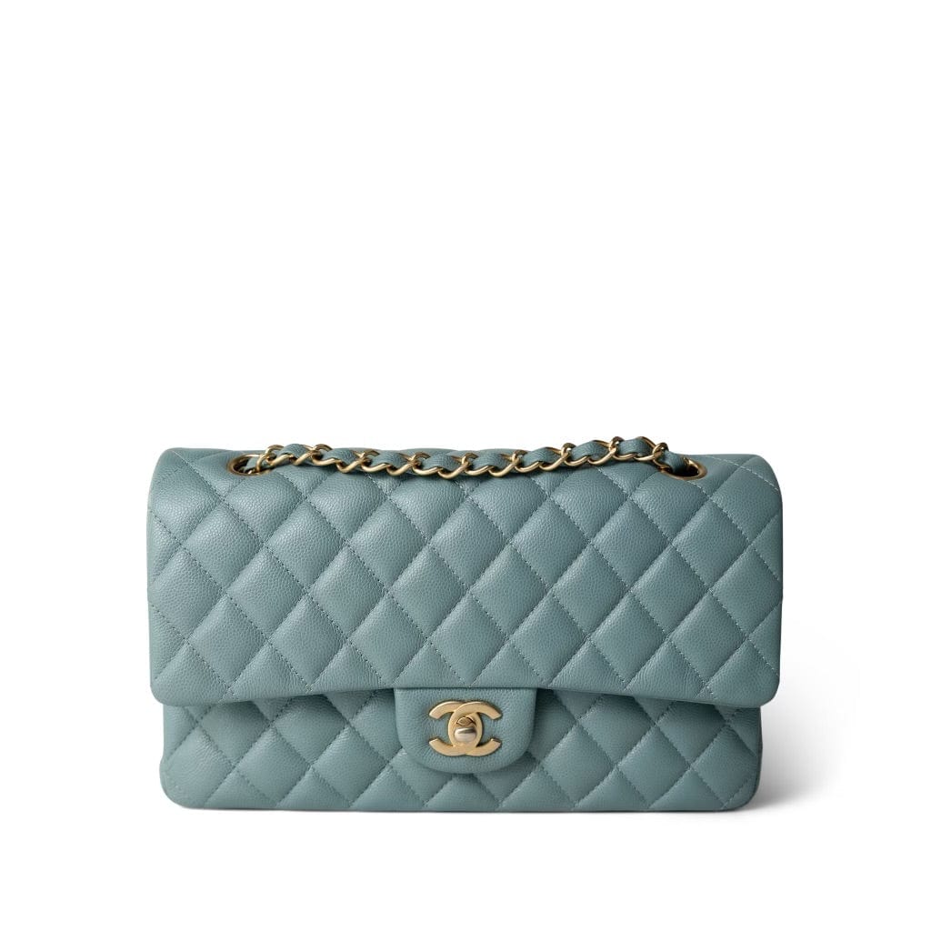 18C Pearly Light Blue Caviar Quilted Classic Flap Medium Antique Gold ...