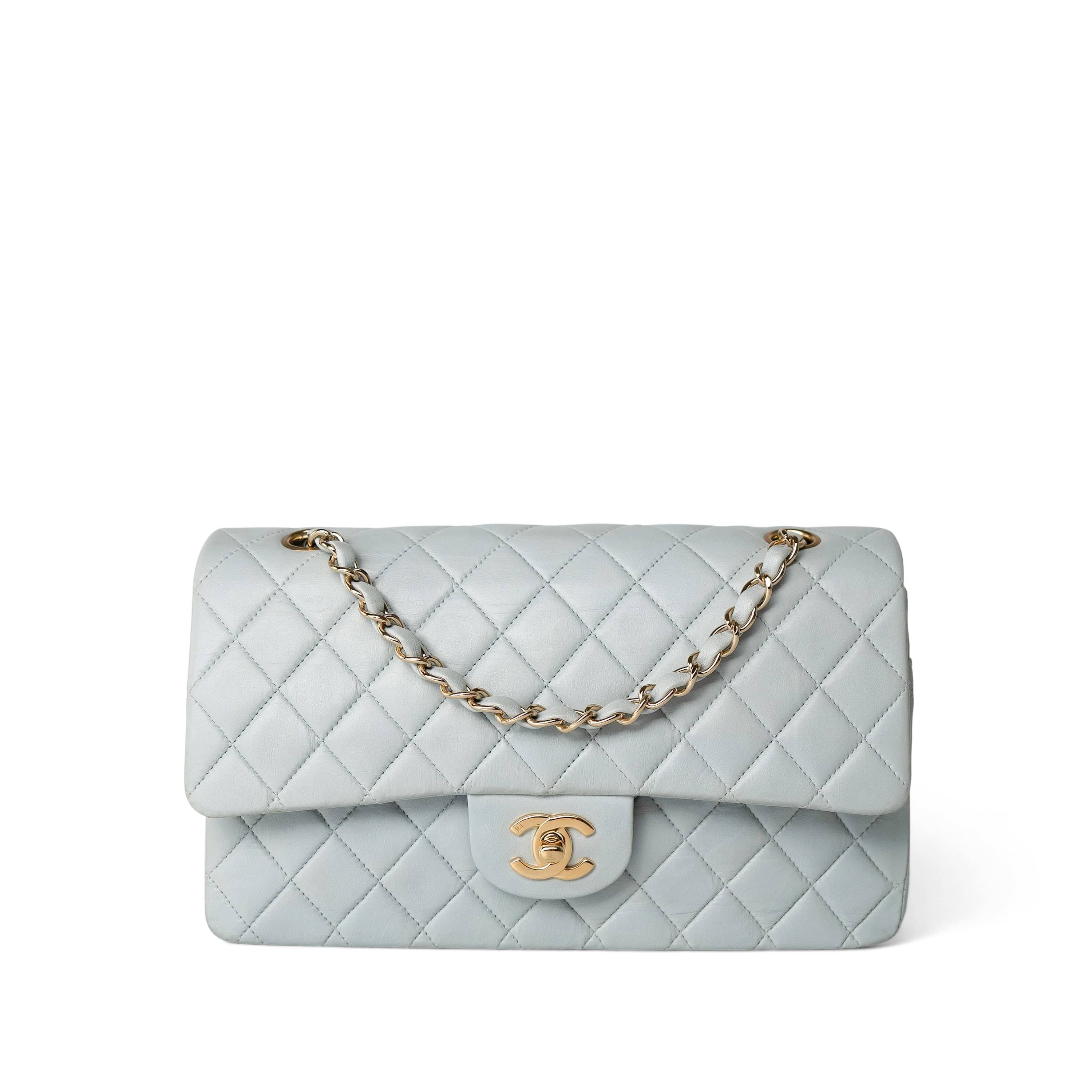 CHANEL Handbag Blue / Classic Flap Vintage Light Blue Lambskin Quilted Classic Flap Medium Gold Hardware - Redeluxe