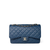 CHANEL Handbag Blue Dark Blue Caviar Quilted Jumbo Classic Flap Light Gold Hardware - Redeluxe