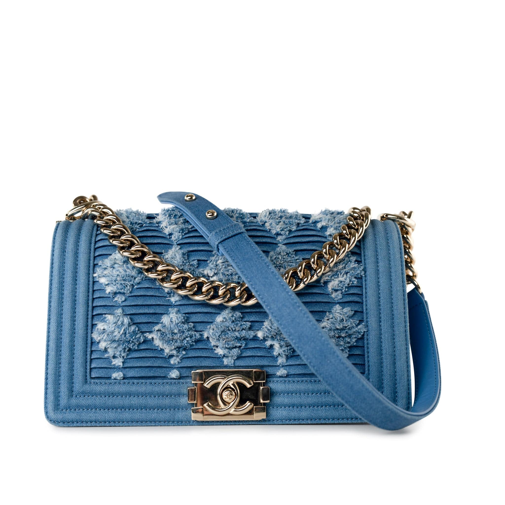 CHANEL Handbag Blue Denim Pleated Old Medium Light Blue Boy Bag - Redeluxe