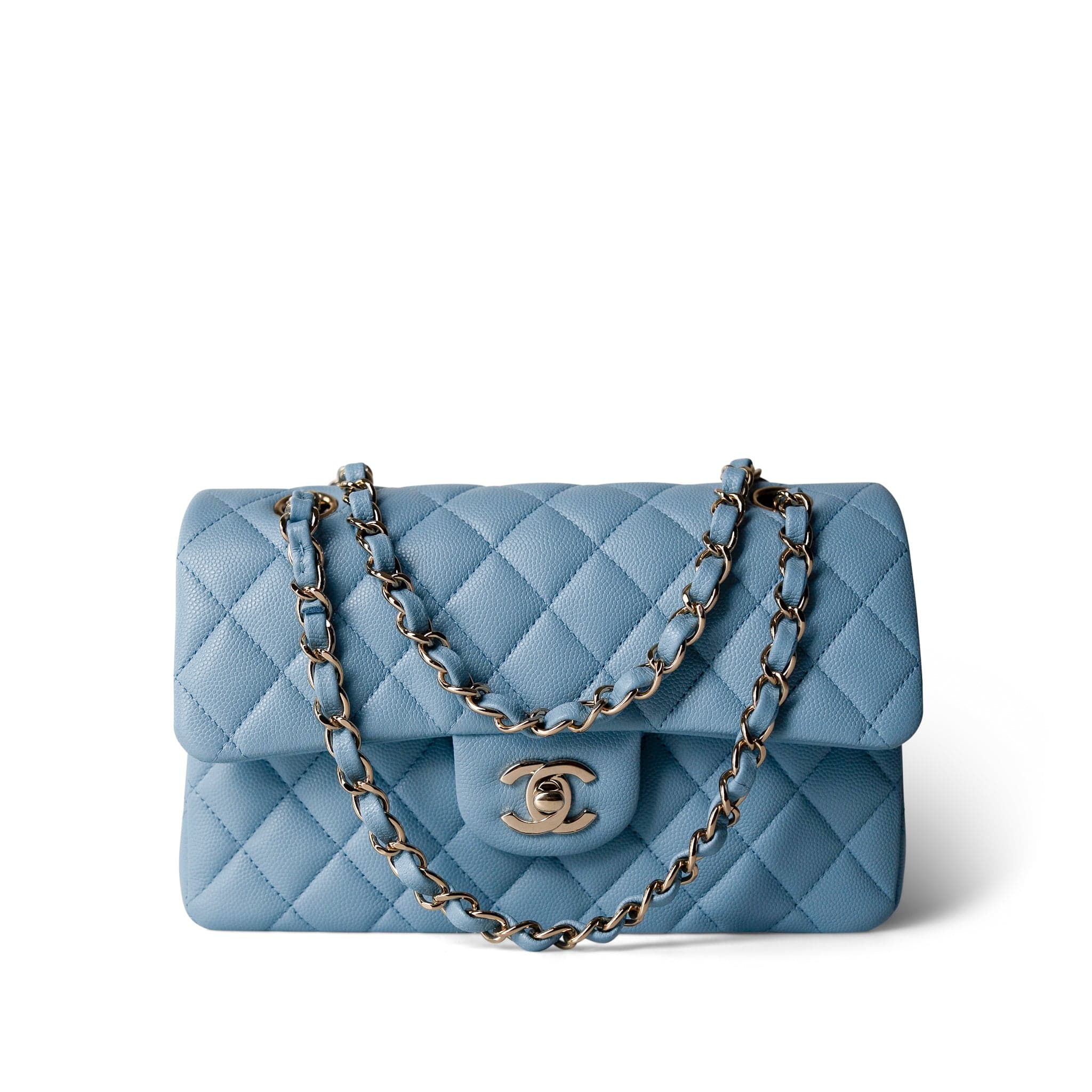 CHANEL Handbag Blue Light Blue Caviar Quilted Classic Flap Small Light Gold Hardware - Redeluxe