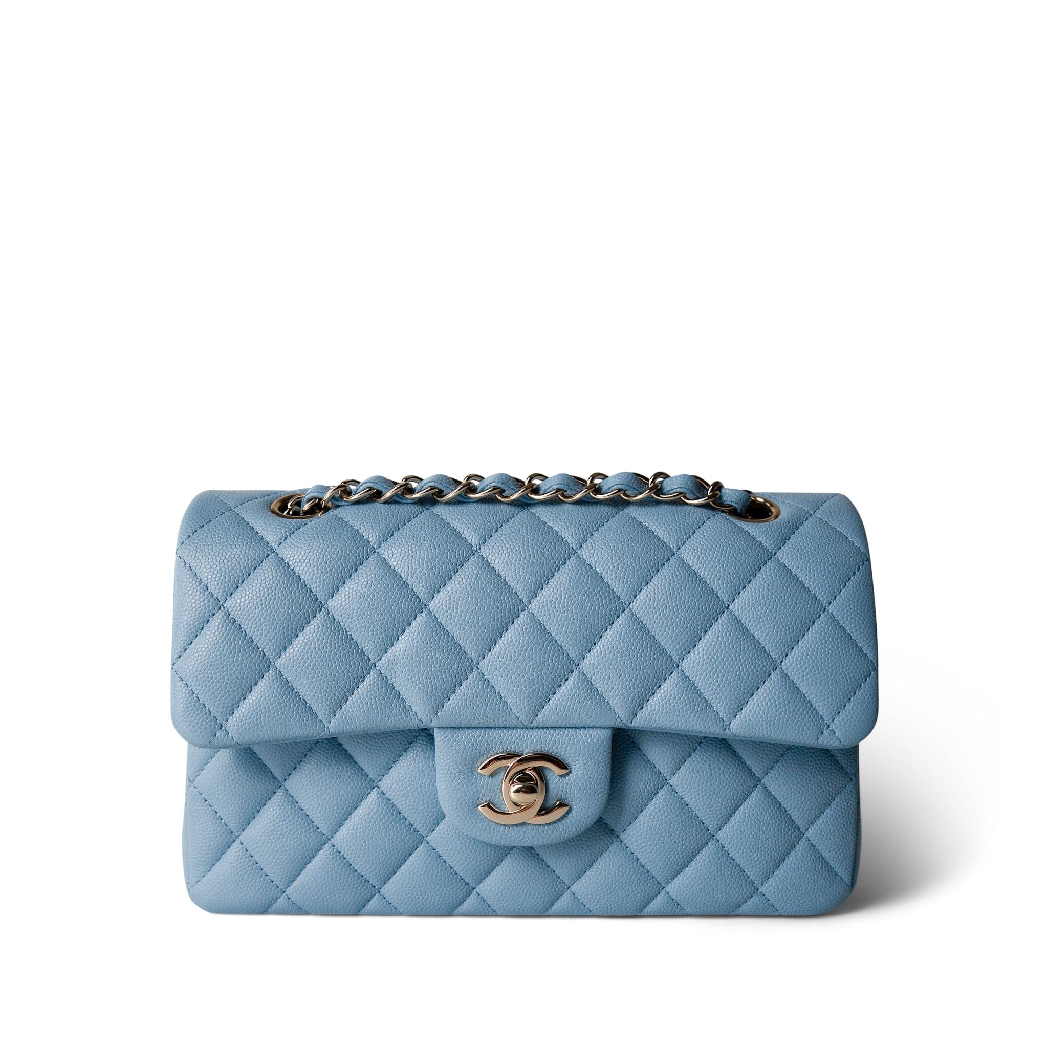 CHANEL Handbag Blue Light Blue Caviar Quilted Classic Flap Small Light Gold Hardware - Redeluxe