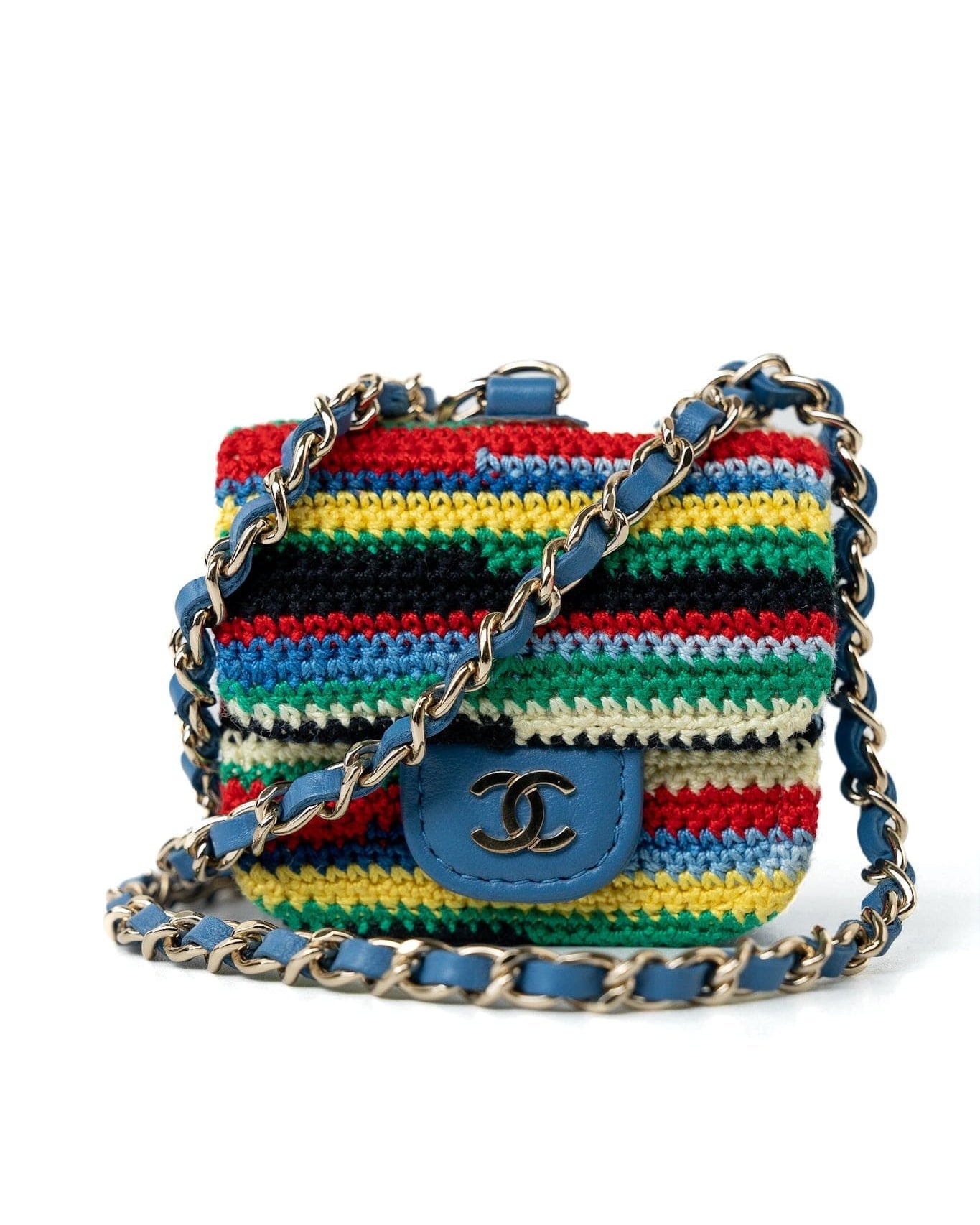 CHANEL Handbag Blue Multicolor Tweed Coco AirPods Case Necklace - Redeluxe