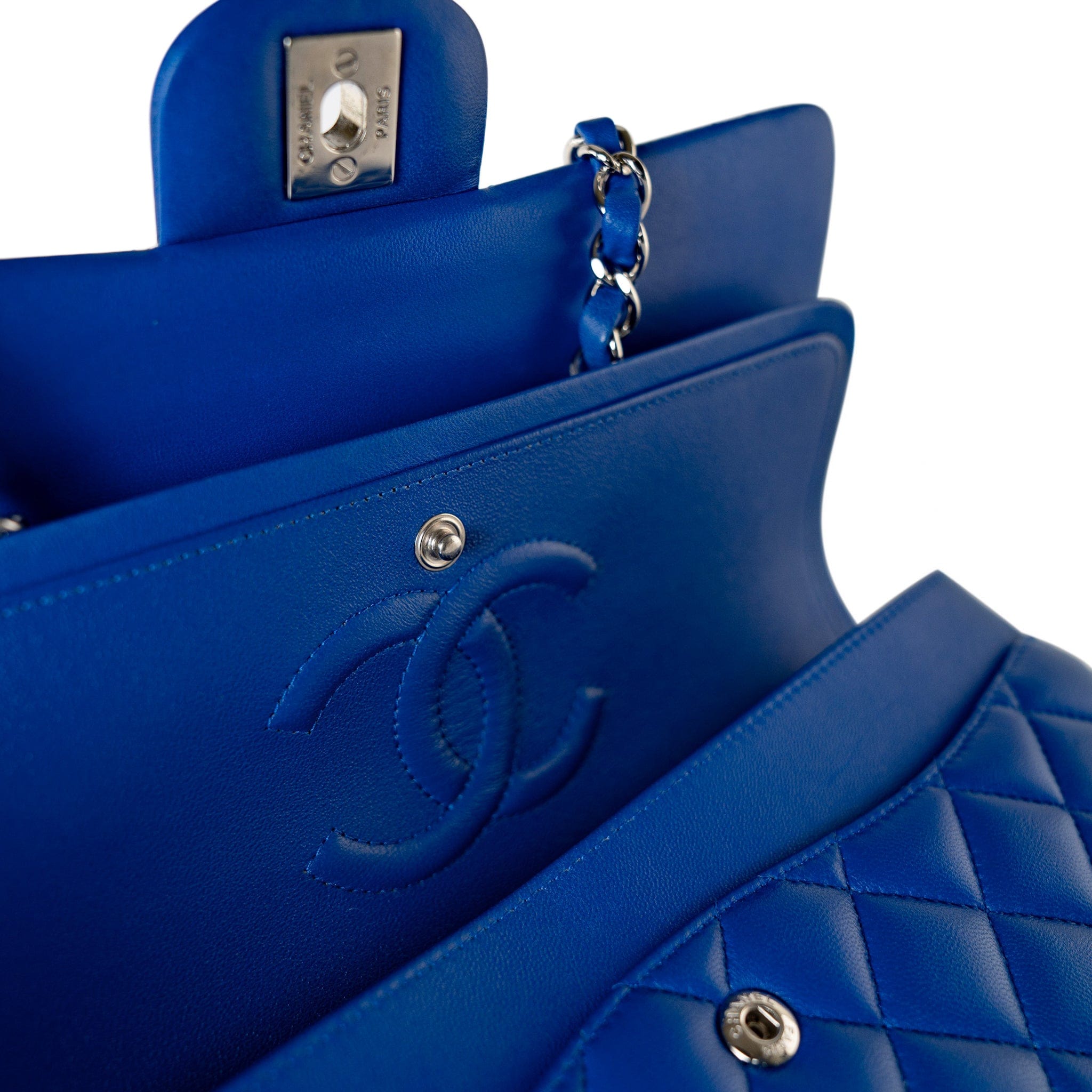 CHANEL Handbag Blue Royal Blue Lambskin Quilted Classic Flap Medium Silver Hardware - Redeluxe