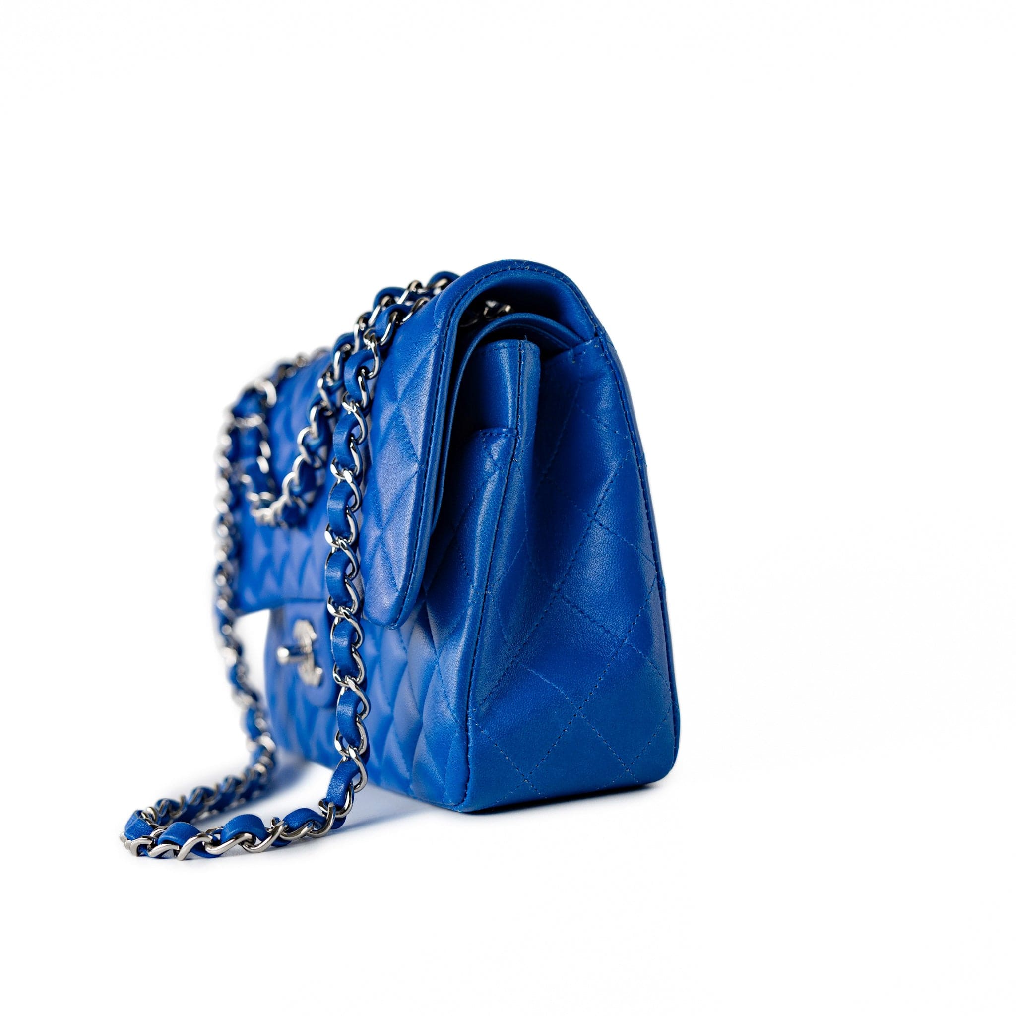 CHANEL Handbag Blue Royal Blue Lambskin Quilted Classic Flap Medium Silver Hardware - Redeluxe