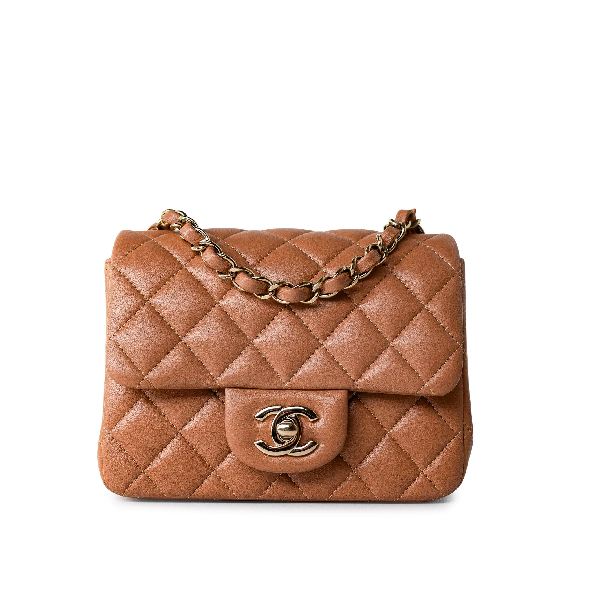 CHANEL Handbag Brown 22S Caramel Lambskin Quilted Mini Square Flap Light Gold Hardware - Redeluxe