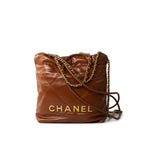 CHANEL Handbag Brown 23A Light Brown Calfskin Quilted Mini 22 Bag Antique Gold Hardware - Redeluxe