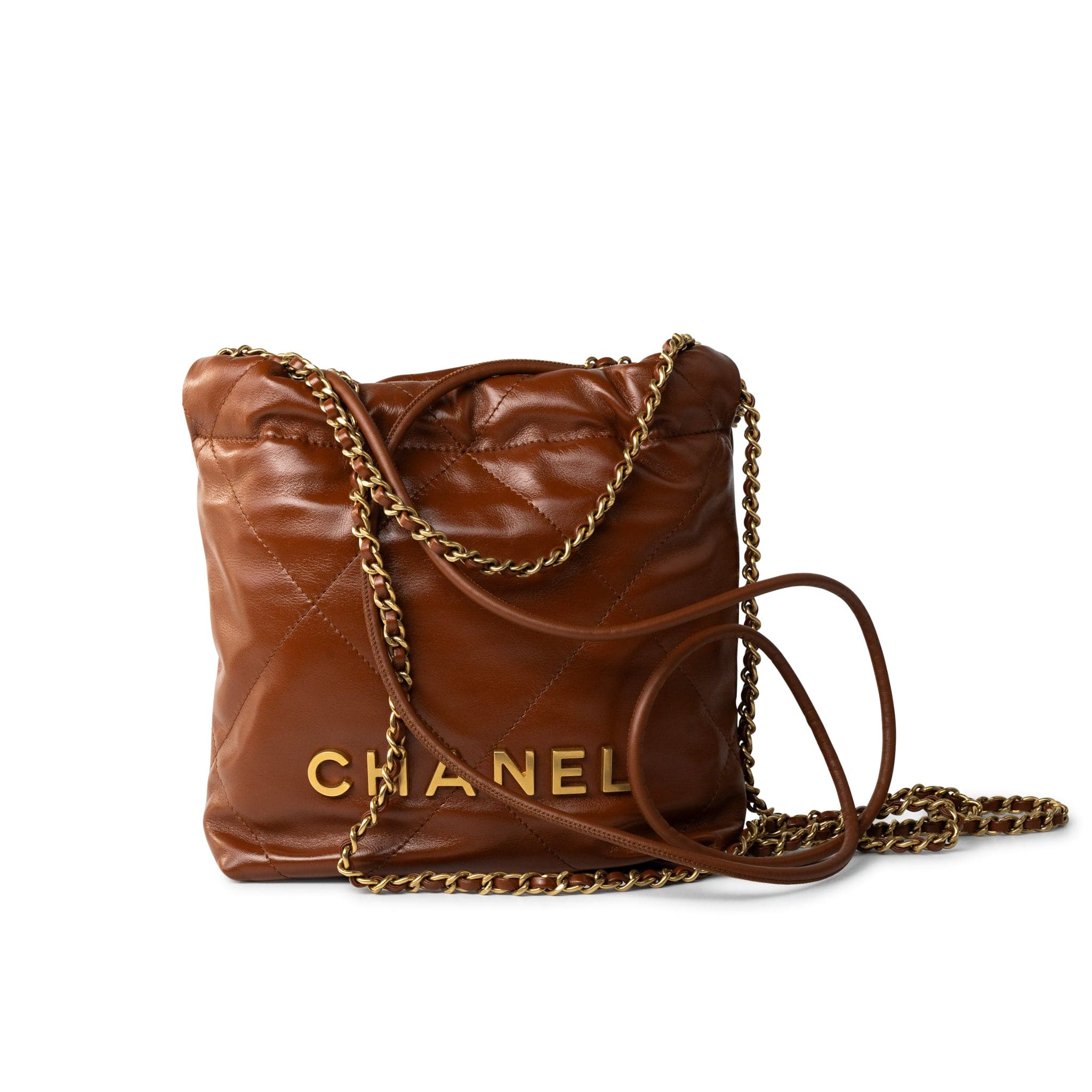 CHANEL Handbag Brown 23A Light Brown Calfskin Quilted Mini 22 Bag Antique Gold Hardware - Redeluxe