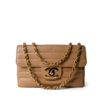 CHANEL Handbag Brown Beige Jumbo Horizontal Stripe Single Flap Gold Hardware - Redeluxe