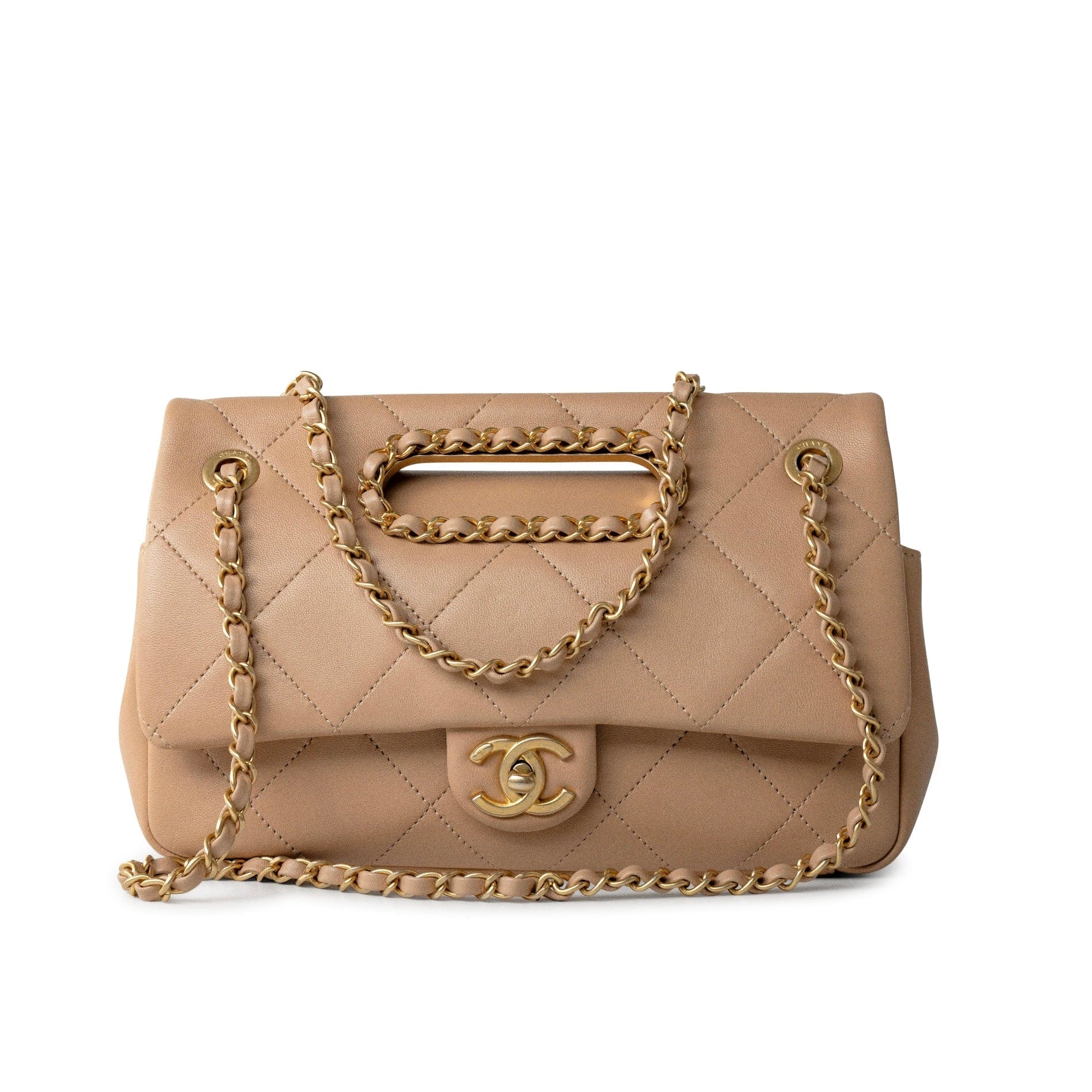 CHANEL Handbag Brown Lambskin Quilted A Real Catch Flap Bag Beige Aged Gold Hardware - Redeluxe