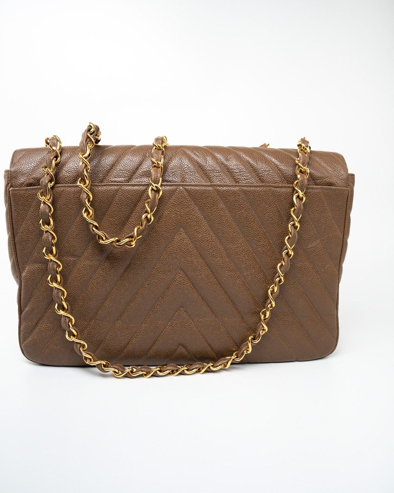 CHANEL Handbag Brown Taupe Caviar Chevron Maxi Single Flap 24K Gold Hardware - Redeluxe