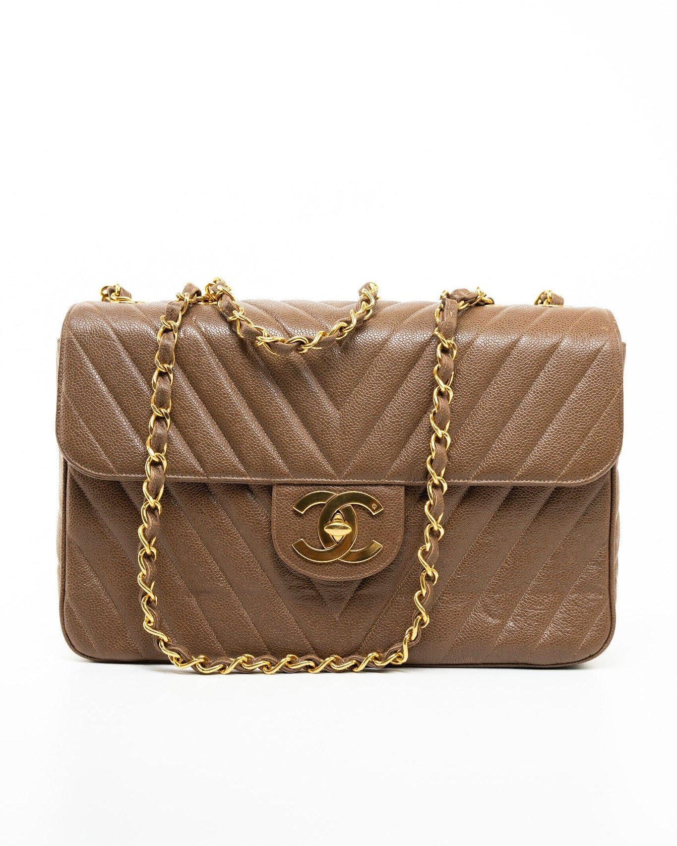 CHANEL Handbag Brown Taupe Caviar Chevron Maxi Single Flap 24K Gold Hardware - Redeluxe