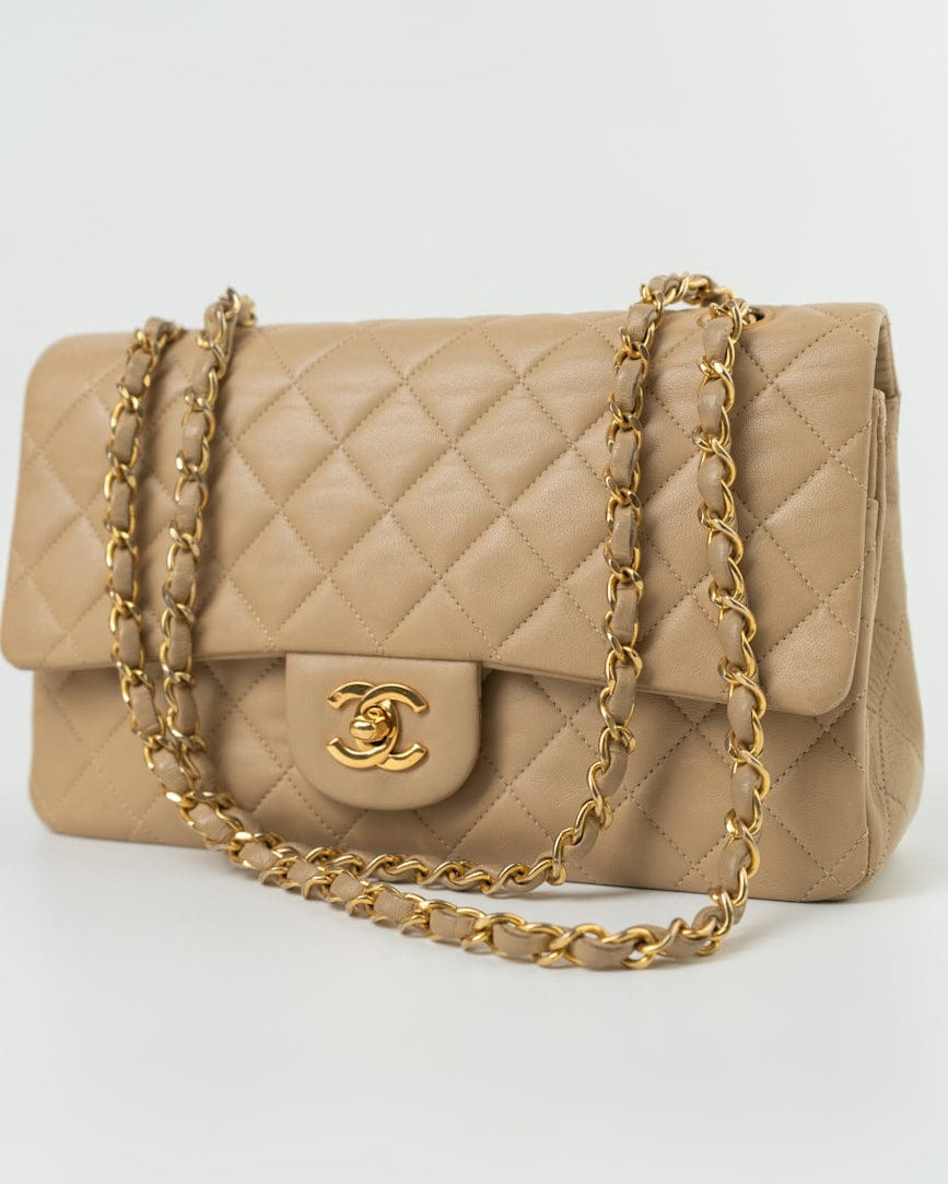 CHANEL Handbag Brown Vintage Beige Lambskin Quilted Classic Flap Medium GHW - Redeluxe