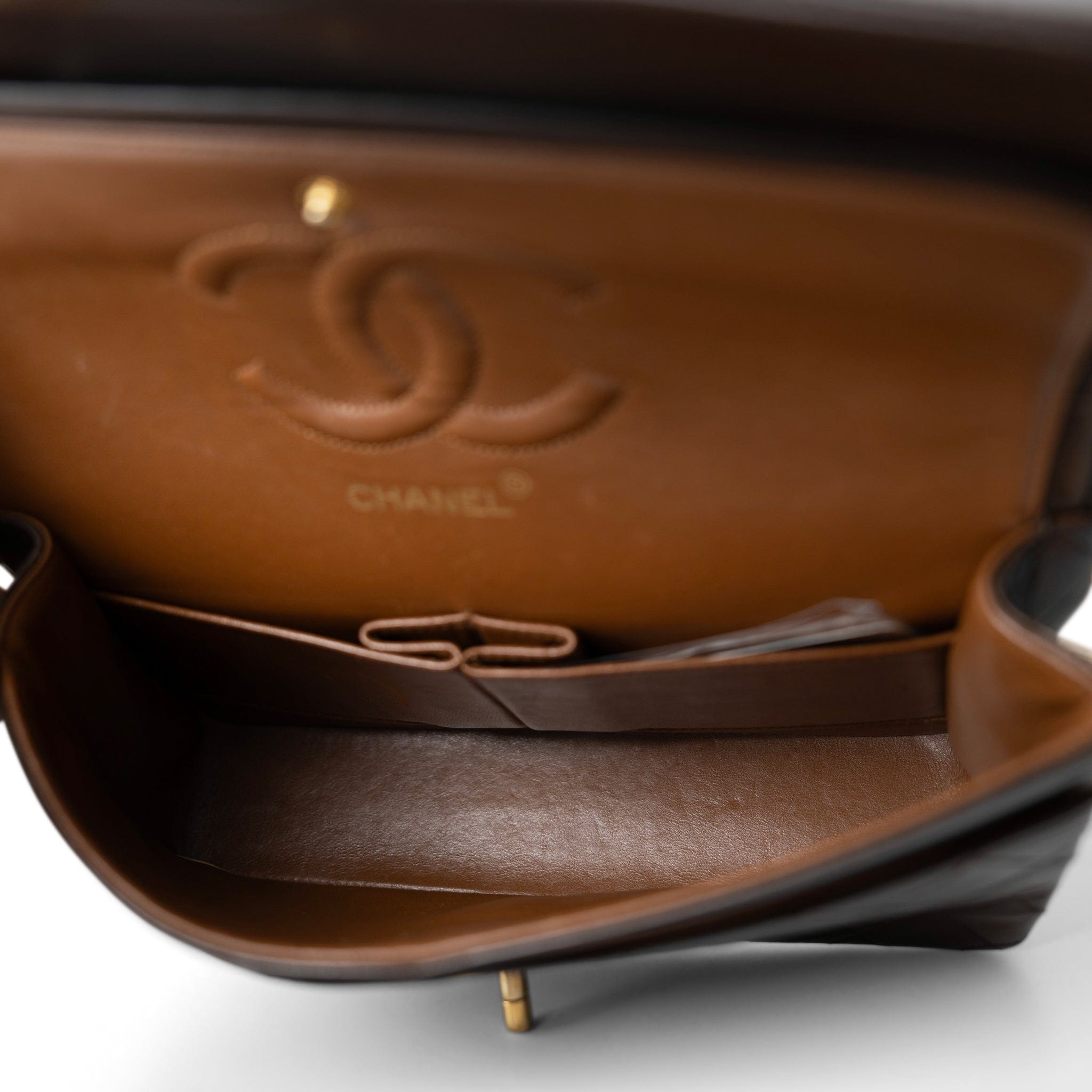 CHANEL Handbag Brown Vintage Dark Brown Lambskin Quilted Classic Flap Medium Gold Hardware - Redeluxe