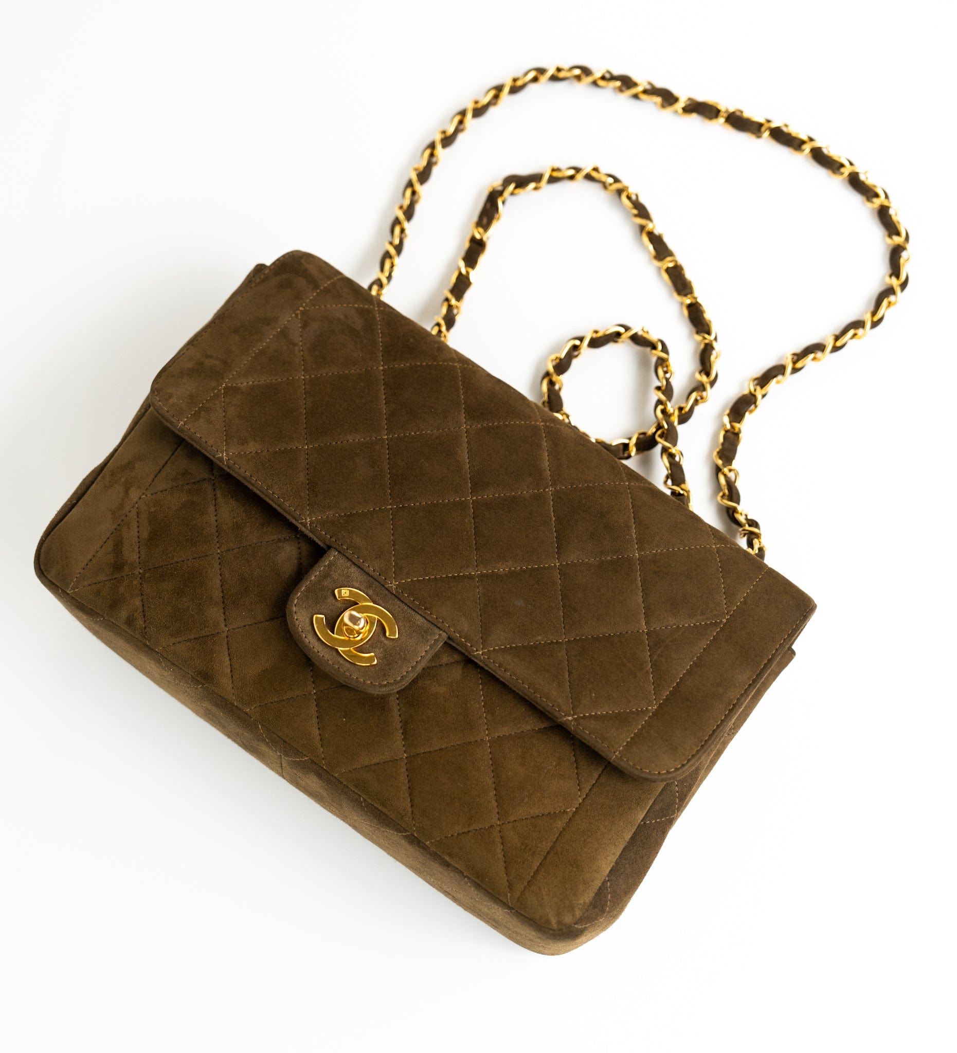 CHANEL Handbag Brown Vintage Matelasse Brown Suede Quilted Single Flap Gold Hardware - Redeluxe