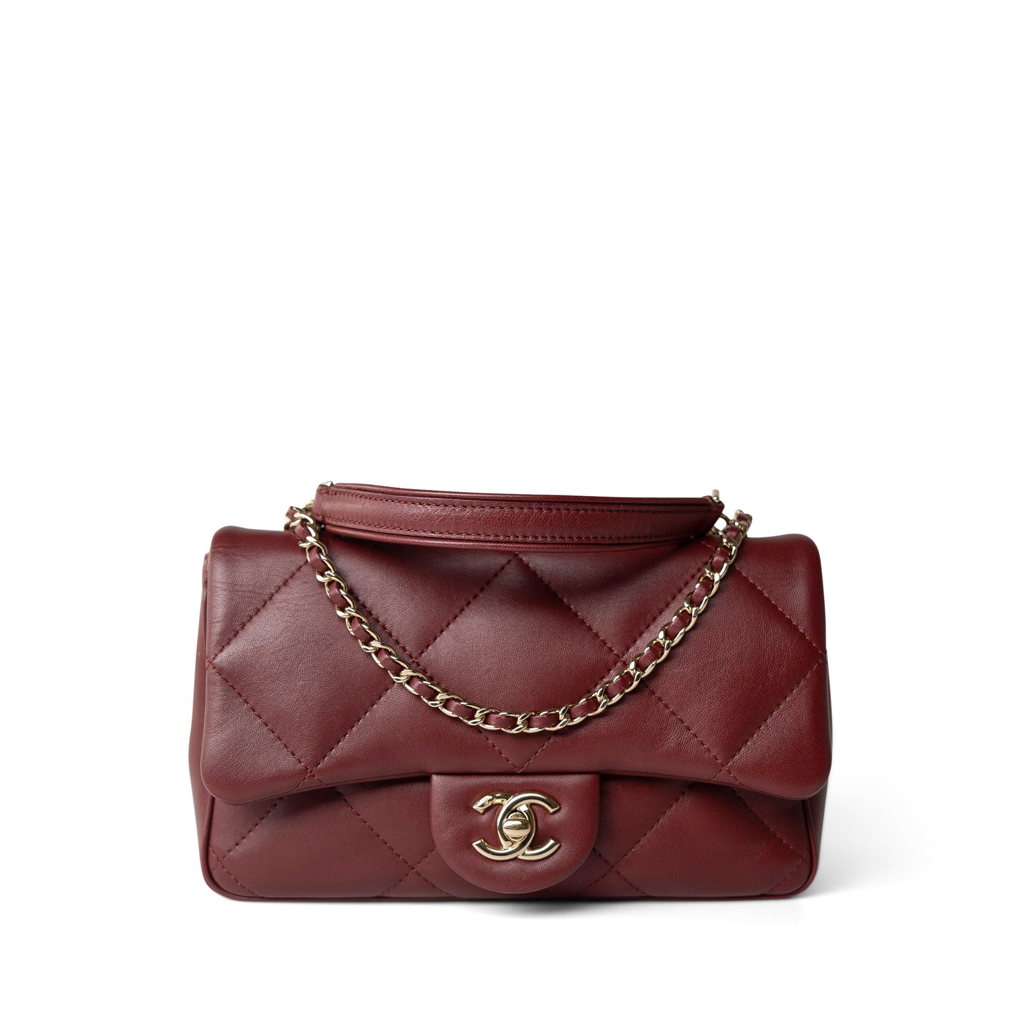 CHANEL Handbag Burgundy Easy Carry Flap Burgundy Lambskin Quilted Light Gold Hardware - Redeluxe