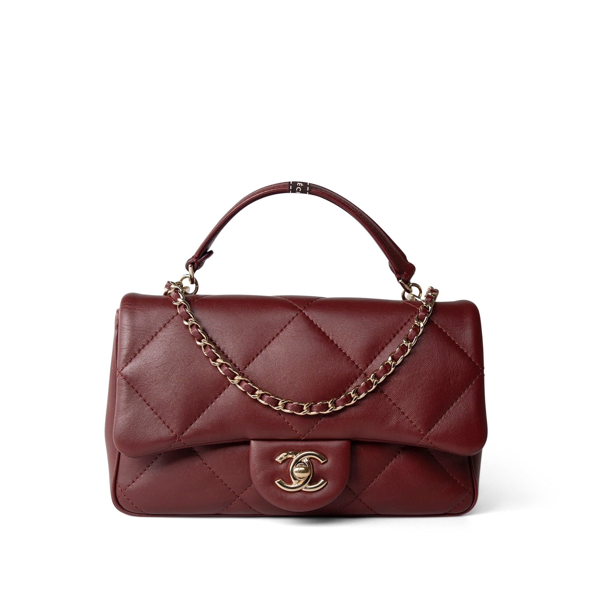 CHANEL Handbag Burgundy Easy Carry Flap Burgundy Lambskin Quilted Light Gold Hardware - Redeluxe