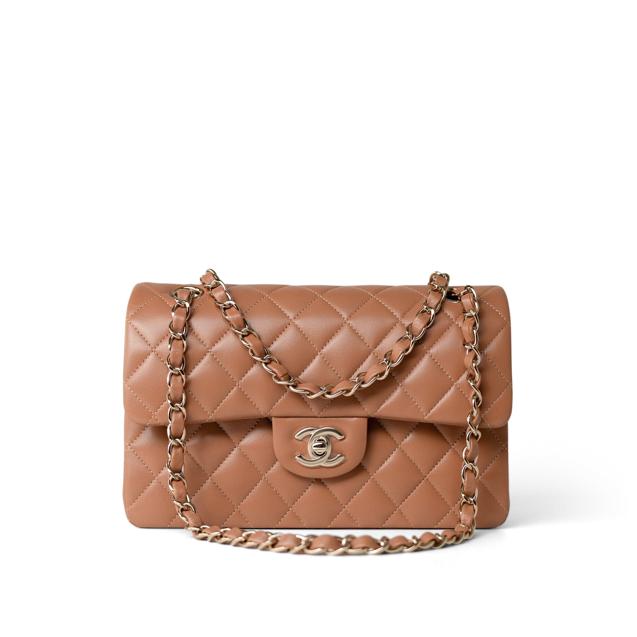 CHANEL Handbag Caramel 22S Caramel Lambskin Quilted Classic Flap Small Light Gold Hardware - Redeluxe