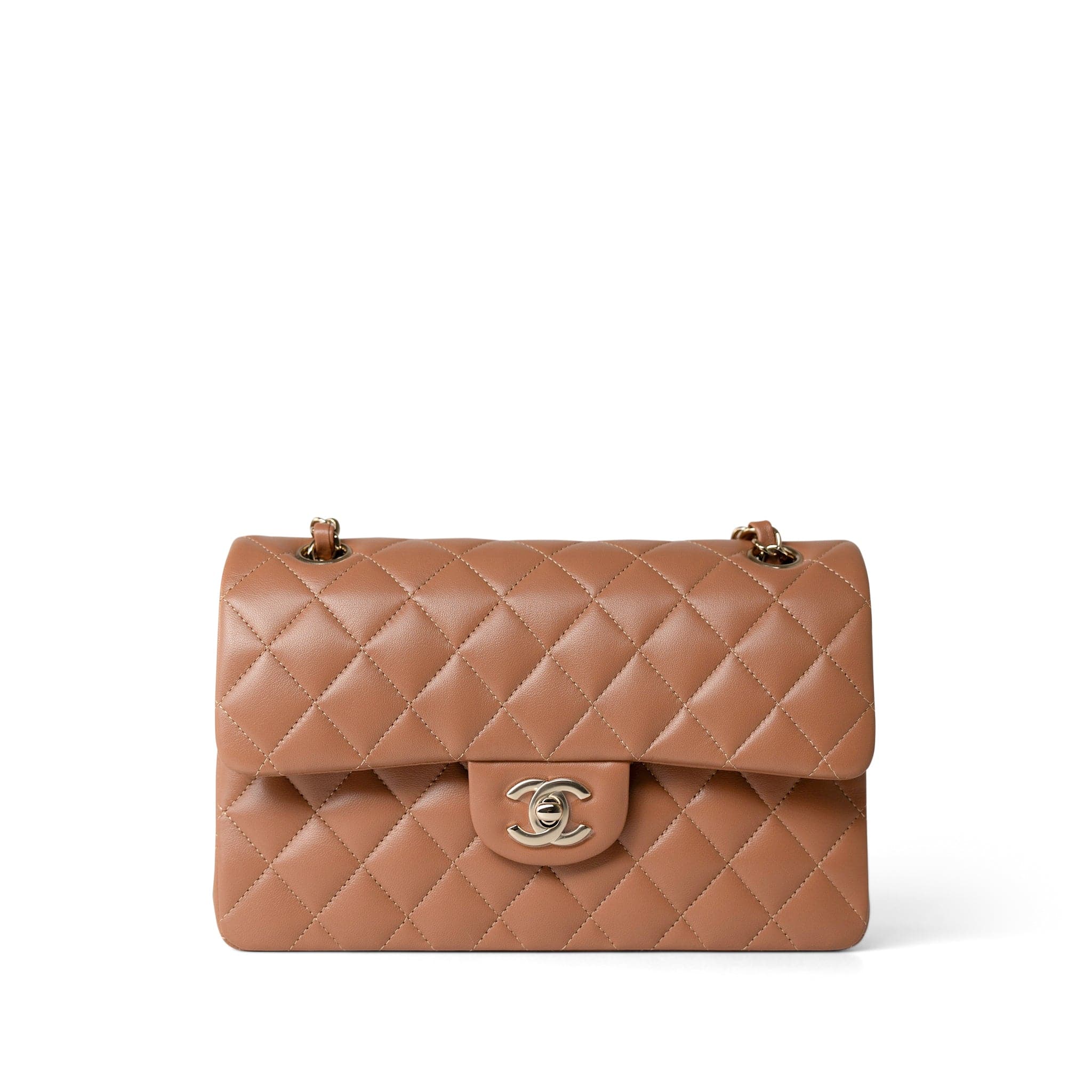 CHANEL Handbag Caramel 22S Caramel Lambskin Quilted Classic Flap Small Light Gold Hardware - Redeluxe