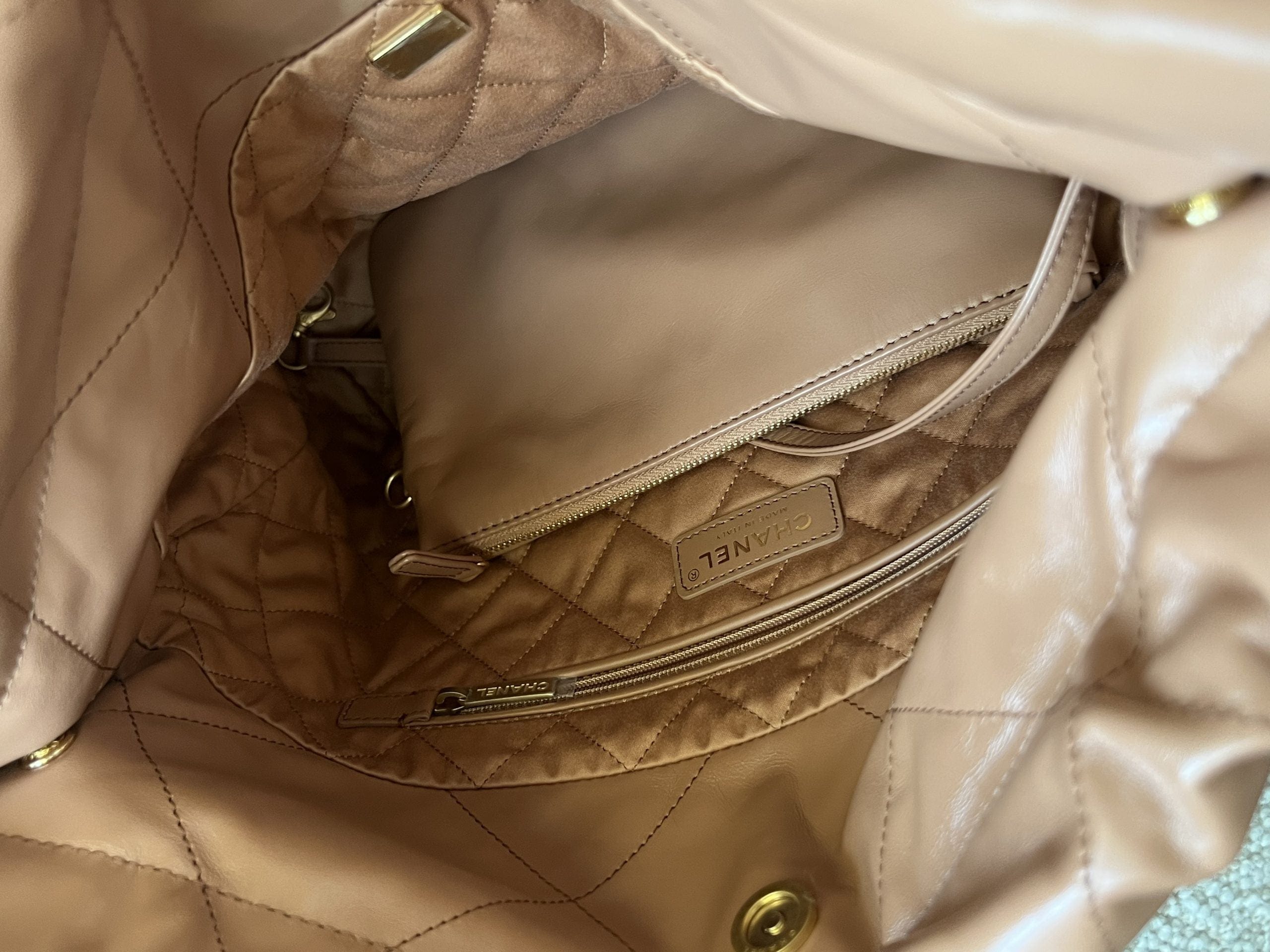 CHANEL Handbag Caramel Shiny Calfskin Quilted 22 Drawstring Bag Small GHW - Redeluxe