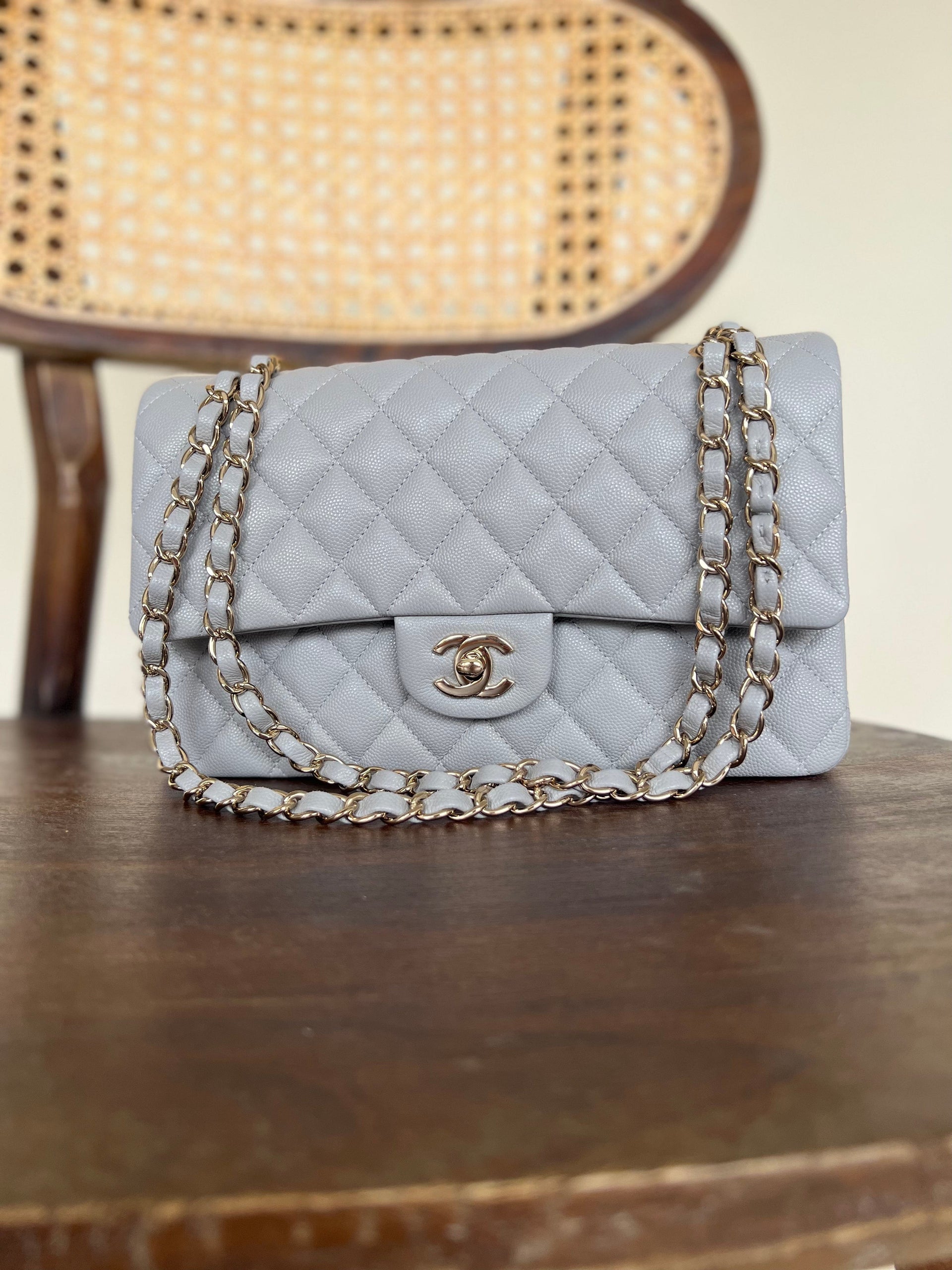 Chanel 21A Grey Caviar Quilted Medium Classic Flap LGHW