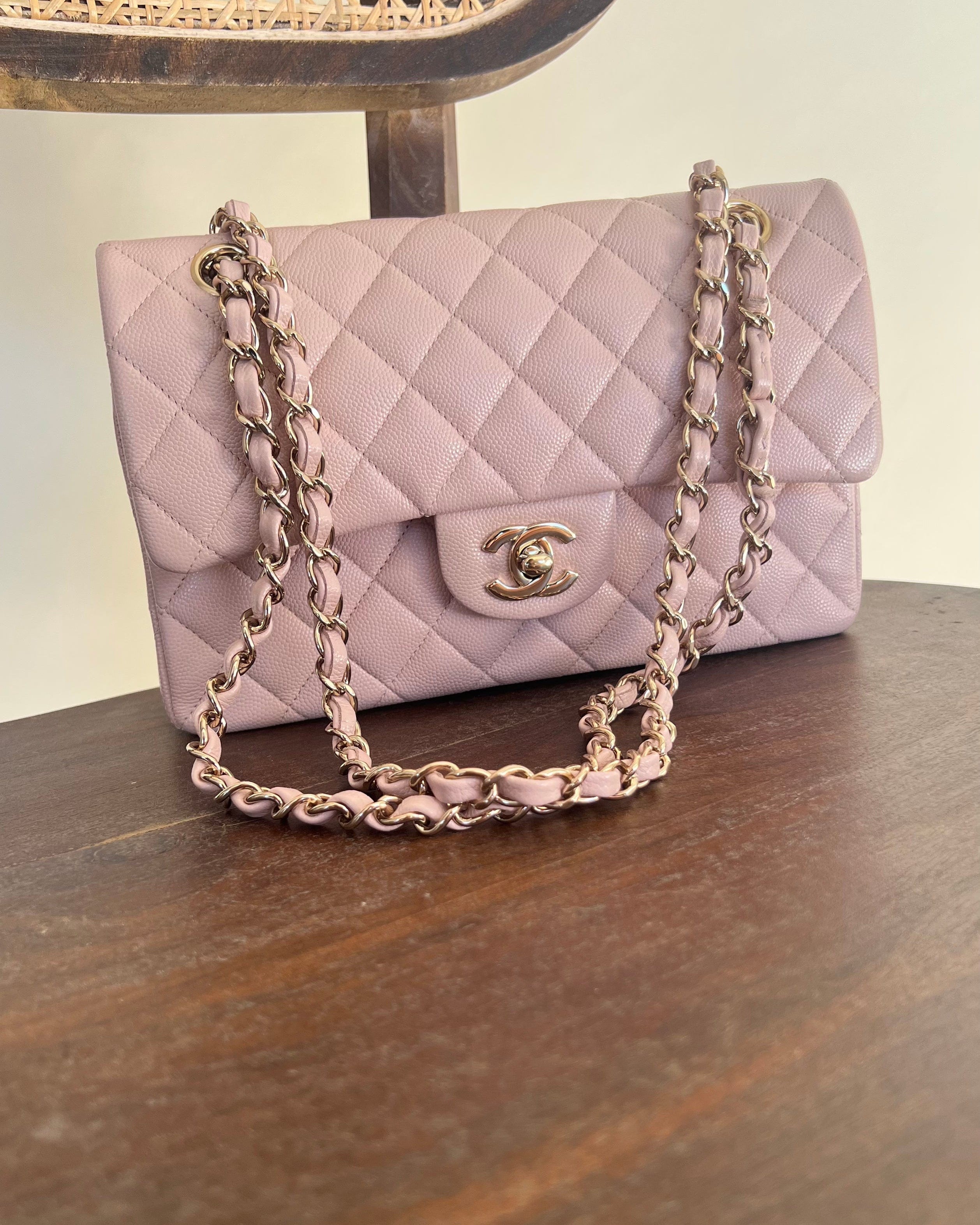 CHANEL Handbag CHANEL 21C LIGHT PINK CAVIAR QUILTED CLASSIC FLAP SMALL LIGHT GOLD HARDWARE - Redeluxe