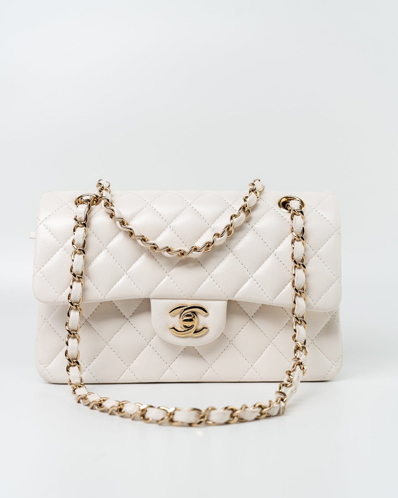 CHANEL Handbag Chanel 21S White Caviar Quilted Classic Flap Small LGHW - Redeluxe