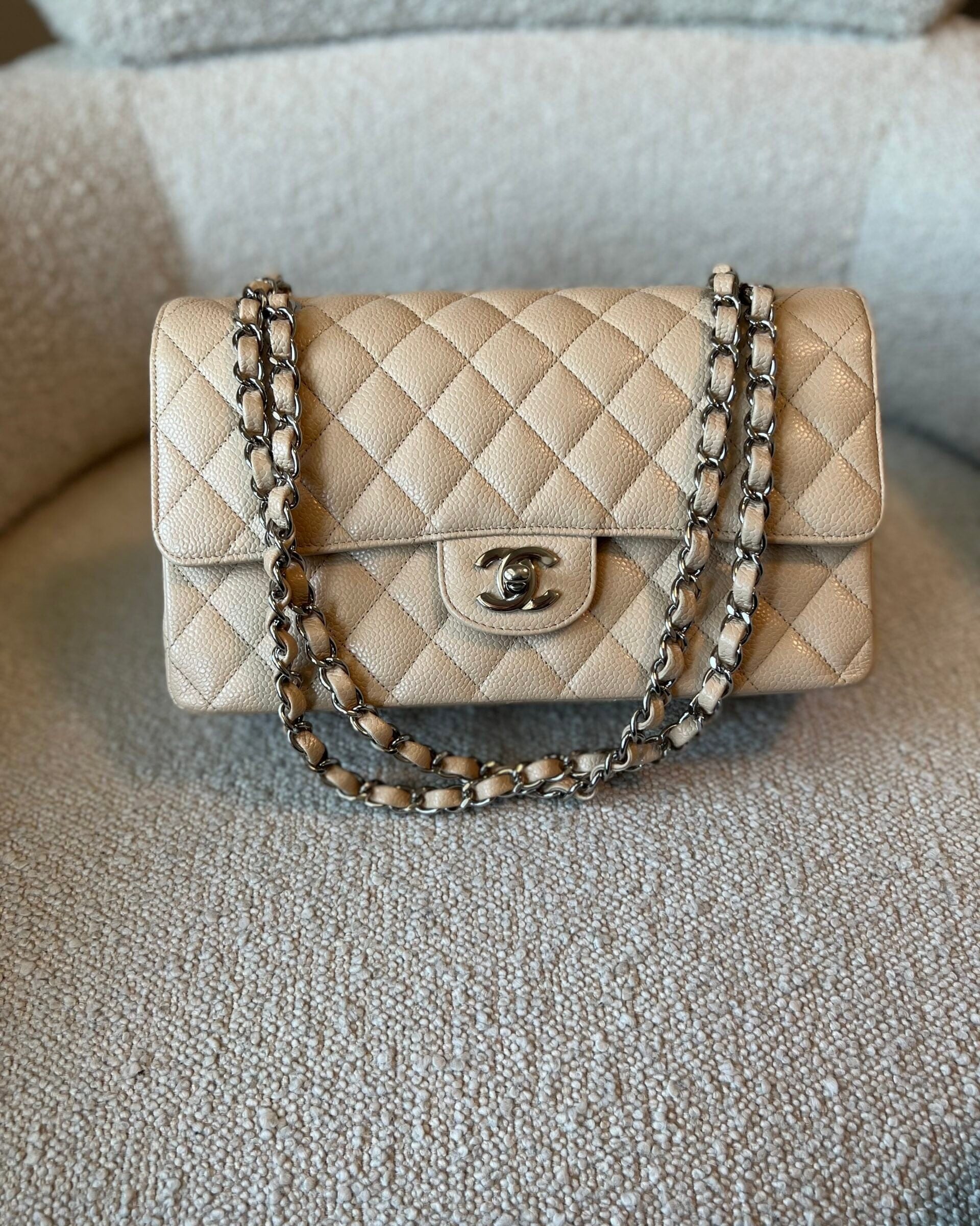 CHANEL Handbag Chanel Beige Clair Caviar Quilted Classic Flap Medium SHW - Redeluxe