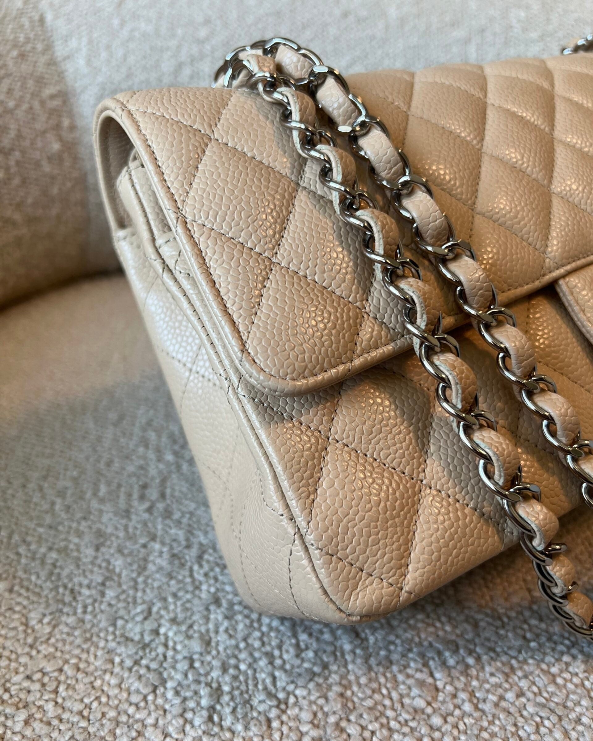 CHANEL Handbag Chanel Beige Clair Caviar Quilted Classic Flap Medium SHW - Redeluxe