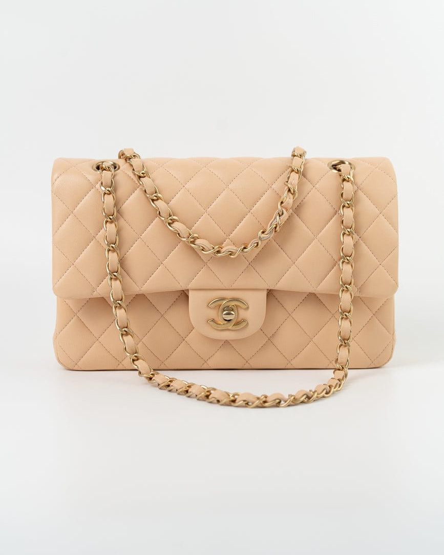 CHANEL Handbag Chanel Beige Lambskin Quilted Classic Flap Medium AGHW - Redeluxe