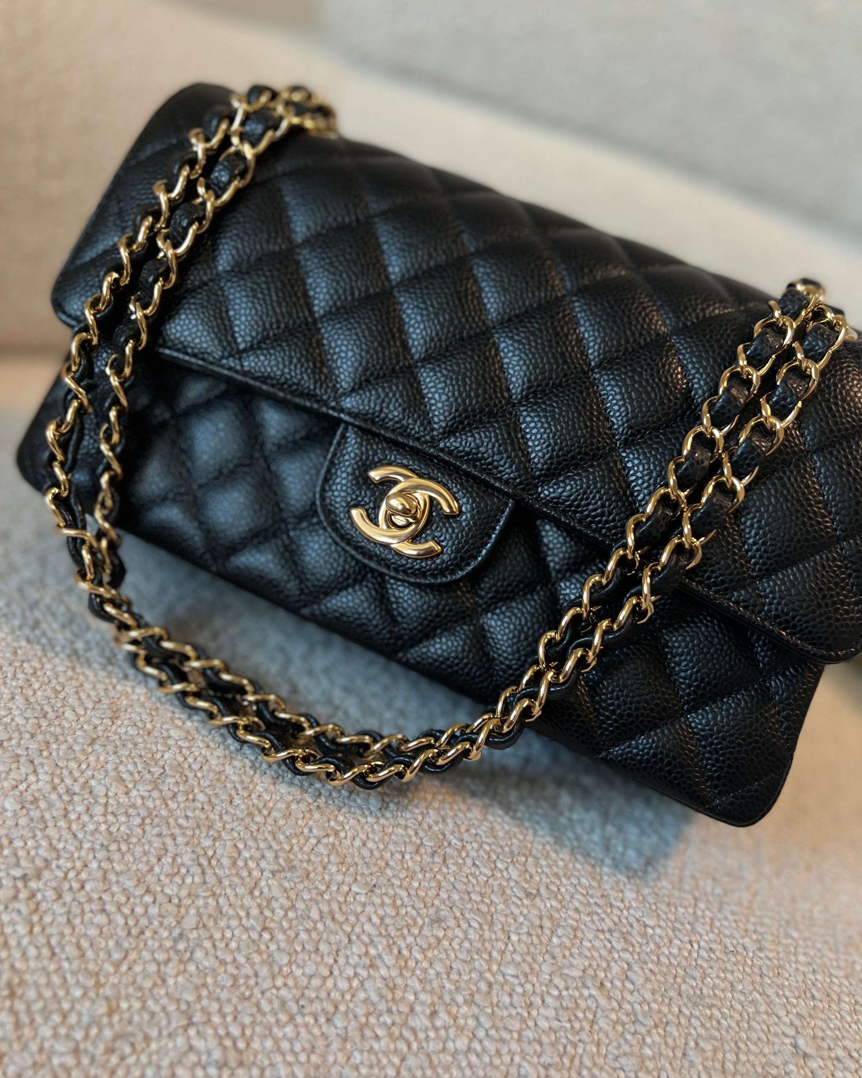 CHANEL Handbag Chanel Black Caviar Quilted Classic Double Flap Medium Gold Hardware - Redeluxe