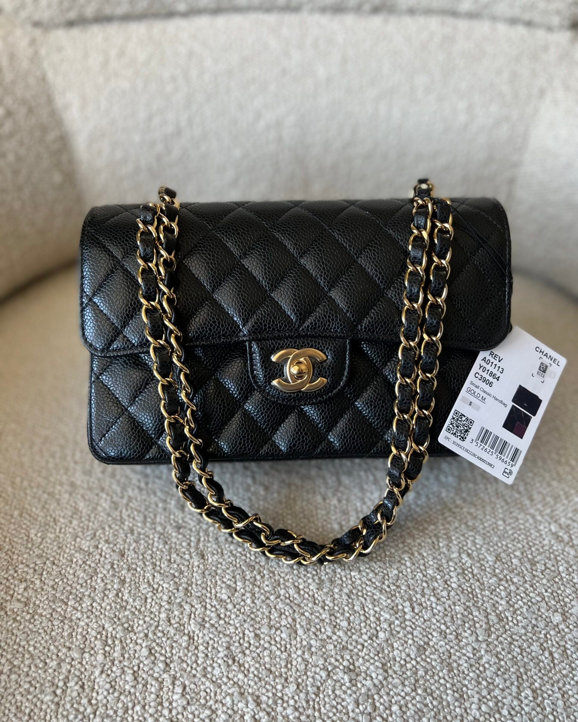 CHANEL Handbag Chanel Black Caviar Quilted Classic Flap Small Gold Hardware - Redeluxe