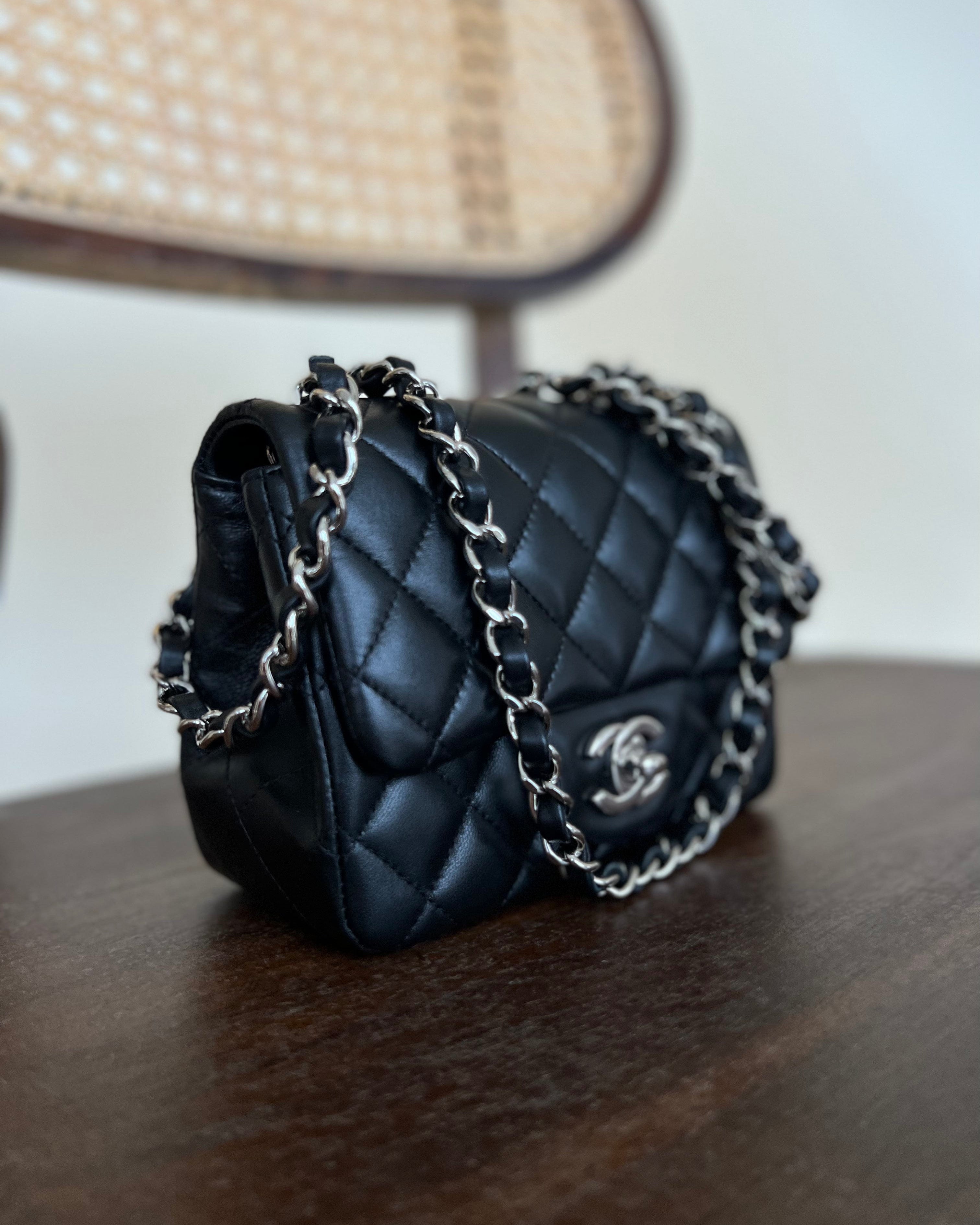 CHANEL Handbag CHANEL BLACK MINI SQUARE LAMBSKIN QUILTED FLAP SILVER HARDWARE - Redeluxe