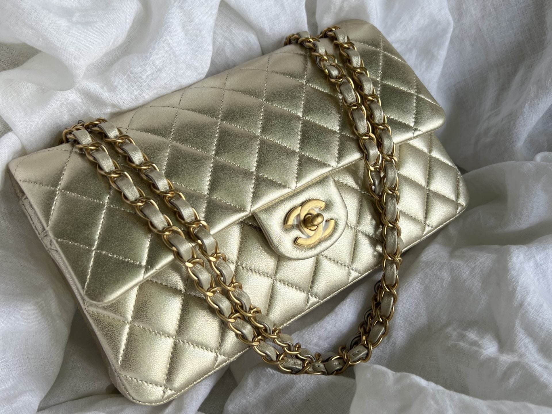 CHANEL Handbag Chanel Metallic Gold Lambskin Quilted Classic Flap Medium AGHW - Redeluxe