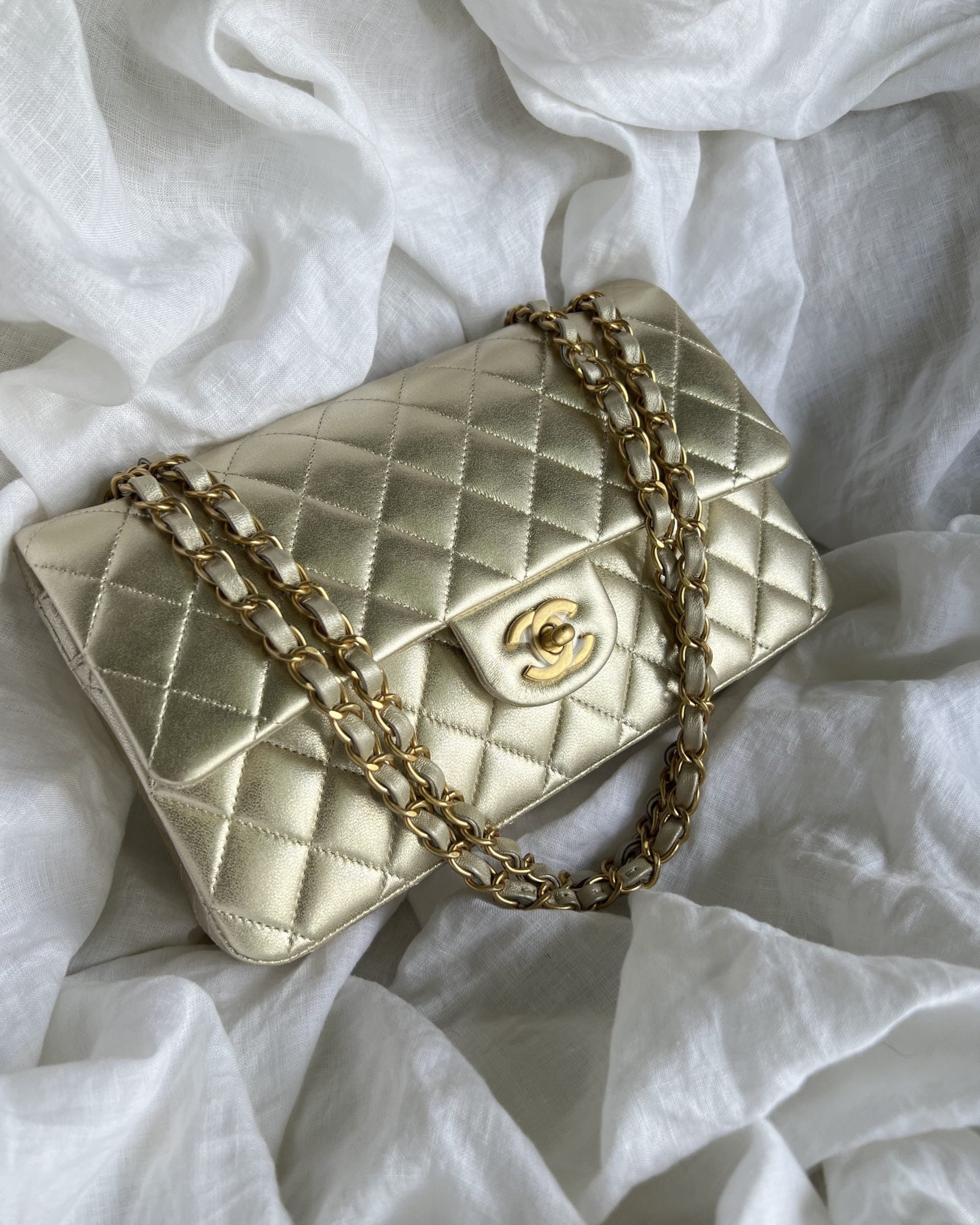 CHANEL Handbag Chanel Metallic Gold Lambskin Quilted Classic Flap Medium AGHW - Redeluxe