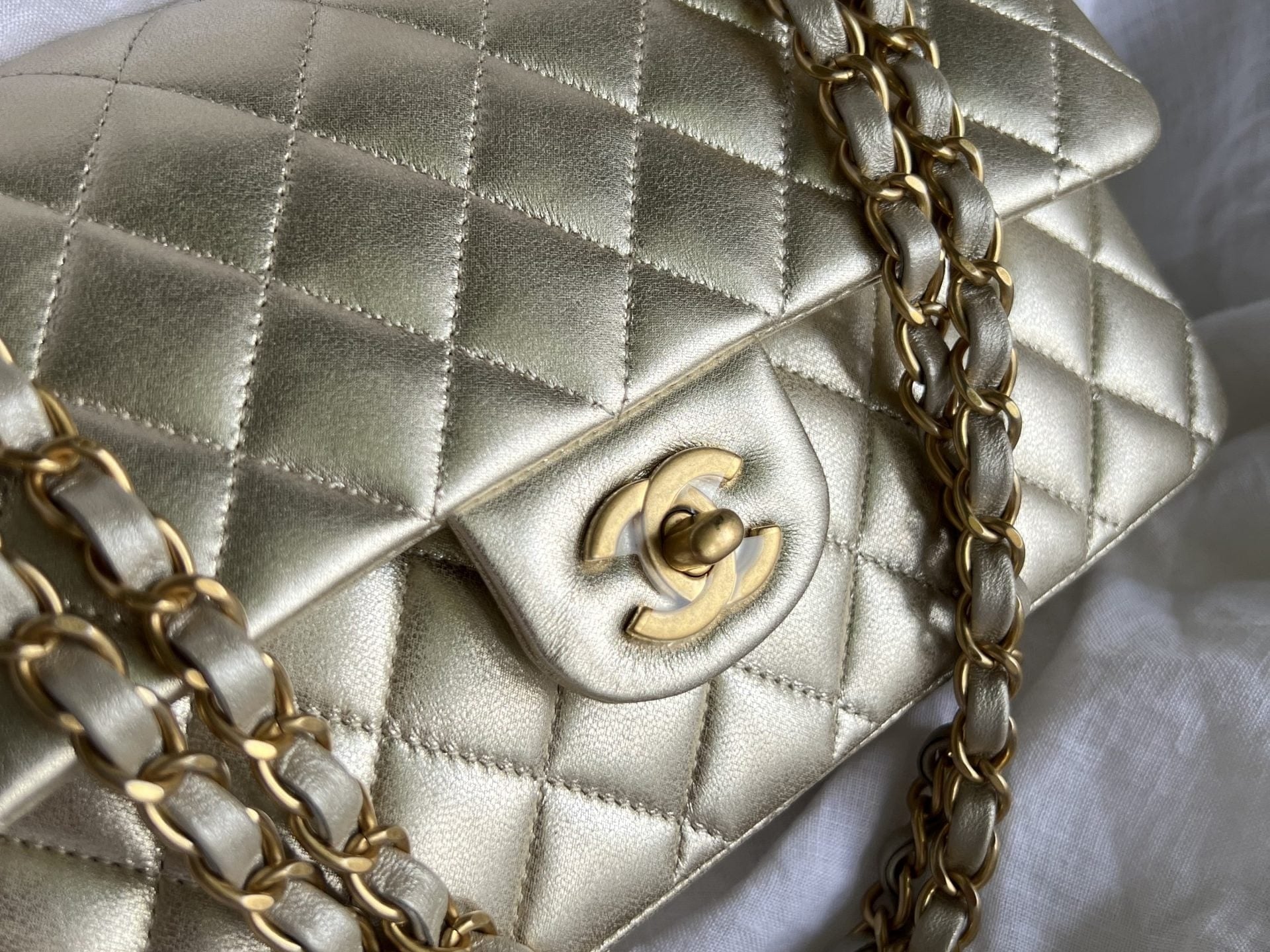 CHANEL Handbag Chanel Metallic Gold Lambskin Quilted Classic Flap Medium AGHW - Redeluxe