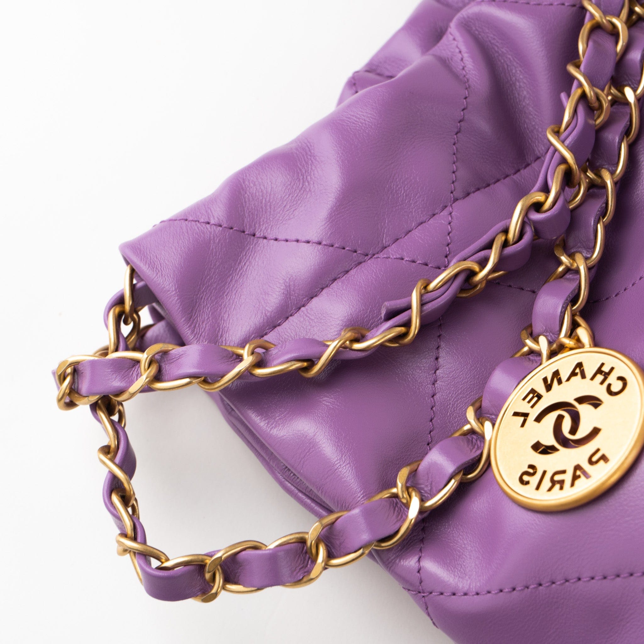 CHANEL Handbag Chanel Purple Calfskin Quilted 22 Drawstring Bag - Redeluxe