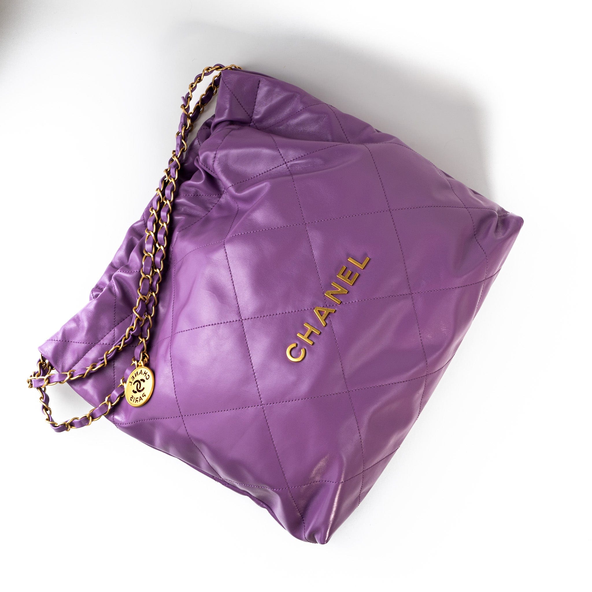 CHANEL Handbag Chanel Purple Calfskin Quilted 22 Drawstring Bag - Redeluxe