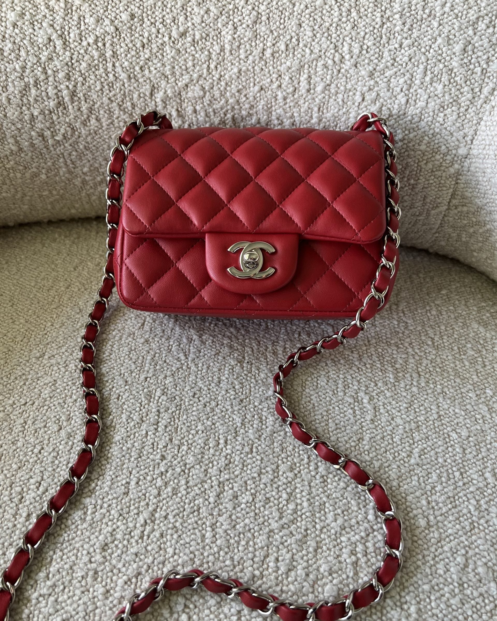 CHANEL Handbag Chanel Red Mini Square Lambskin Quilted Flap SHW - Redeluxe