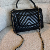 CHANEL Handbag Chanel Small Black Lambskin Chevron Trendy CC LGHW - Redeluxe