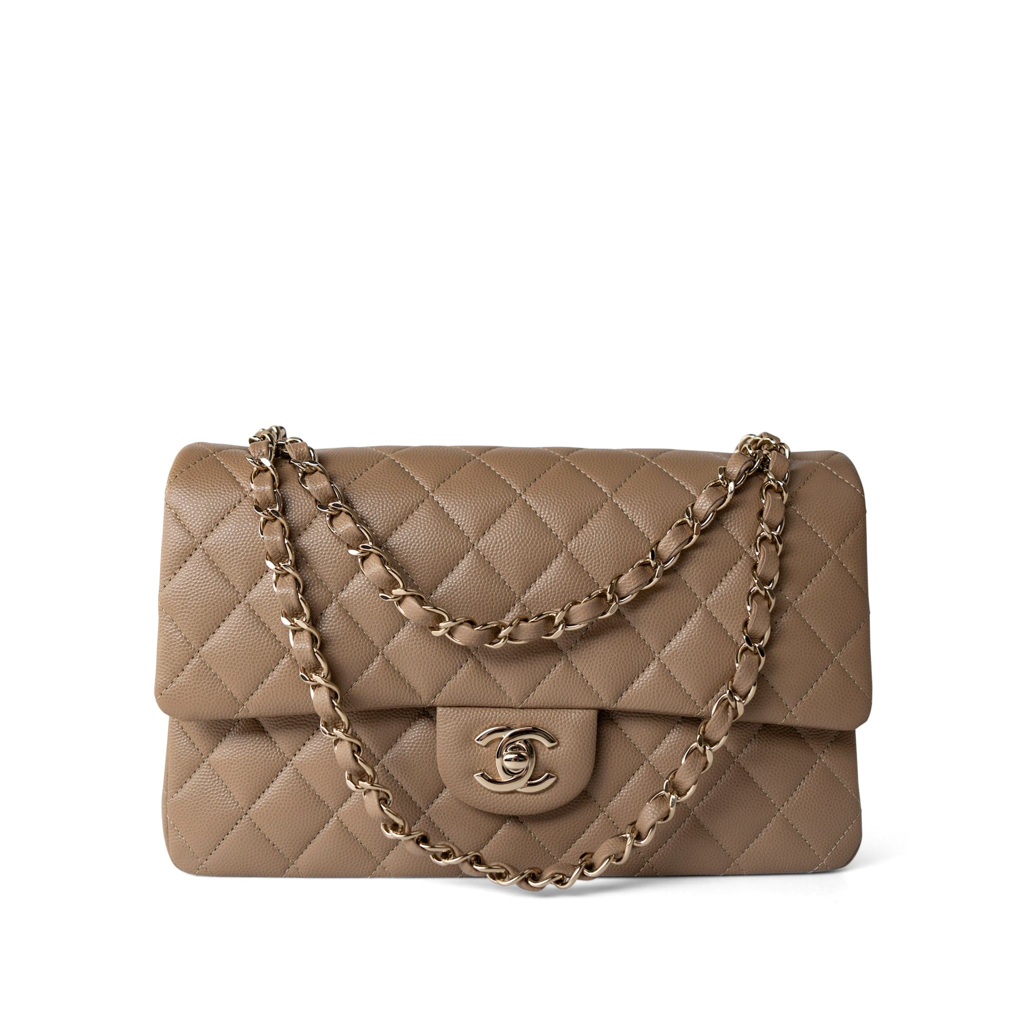 CHANEL Handbag Classic flap / Beige 22A Dark Beige Caviar Quilted Classic Flap Medium Light Gold Hardware - Redeluxe